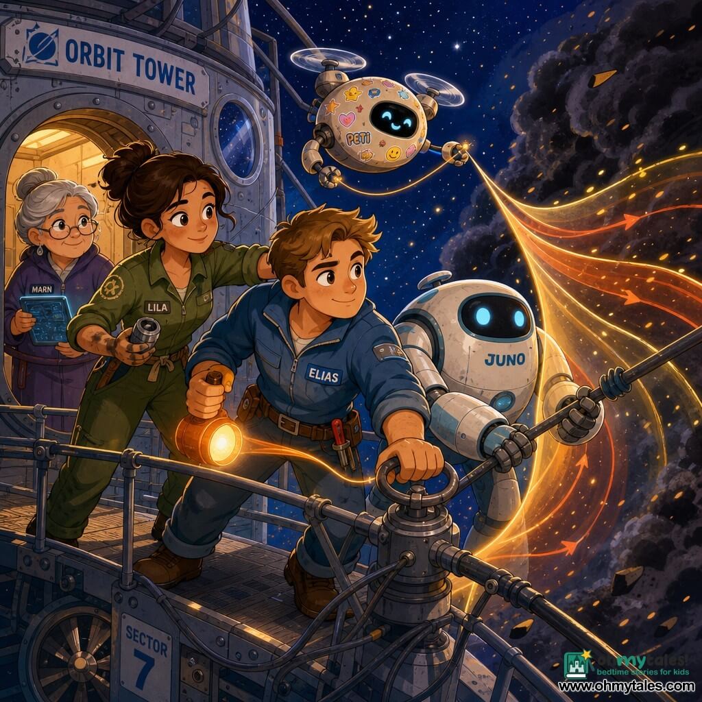 A brave, expressive young man Elias (about 25) with a round face, a light-brown forelock, a soft blue jacket and a belt with a small screwdriver holds a small orange lamp while turning a valve, focused and reassuring; behind him Lila (about 30), a mechanic with tied-back hair and grease-stained fingers in an olive coverall, guides him holding a metal part; Marn (about 60), an elderly woman with gray hair in a bun and gentle eyes, watches from the airlock holding a glowing tablet, calm and protective; the round robot Juno, white with pale-blue accents and articulated arms, stabilizes a cable beside Elias with a soft LED "head," and the plump colorful drone Peti buzzes above carrying a thin glowing line; they stand on the Orbit Tower exterior walkway of fine metal structures and taut cables with round portholes reflecting stars, visible fan blades, and a deep-space background of stars and an approaching dark dust patch; the team forms a warm-air shield along a cable to protect small stations, shown as transparent orange and yellow ribbons pushing back the dark patch, with concentrated, cooperative expressions, dynamic diagonal cable lines and strong contrast between warm lamp glow and the storm's dark patch; style: bright colors, soft shapes, clear outlines, simple textures suitable for children, brave and reassuring mood.