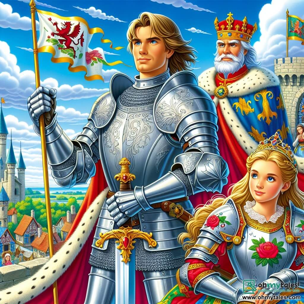 A brave knight, Sir Cedric, stands proudly atop a castle tower, his silver armor shining in the golden sun. His face shows determination, with piercing eyes and a confident smile as he brandishes his sword, ready to defend his kingdom. Beside him is the beautiful Lady Lucia, around 25 years old, wearing armor adorned with floral patterns. She looks at Sir Cedric with admiration, her face lit by hope, confidently holding her sword. In the background, the king, a man in his fifties, is dressed in a royal red robe and a sparkling crown, standing behind Sir Cedric with an expression of gratitude and pride, ready to support his knight. The scene takes place on the ramparts of a medieval castle, with flags fluttering in the wind and a blue sky dotted with white clouds. Below, the village of Oakholm stretches out, featuring stone houses and colorful gardens. The main situation shows Sir Cedric and Lady Lucia preparing to confront the evil Lord Mortain, who threatens their kingdom. The atmosphere is charged with tension and excitement, with rays of light illuminating the heroic scene.