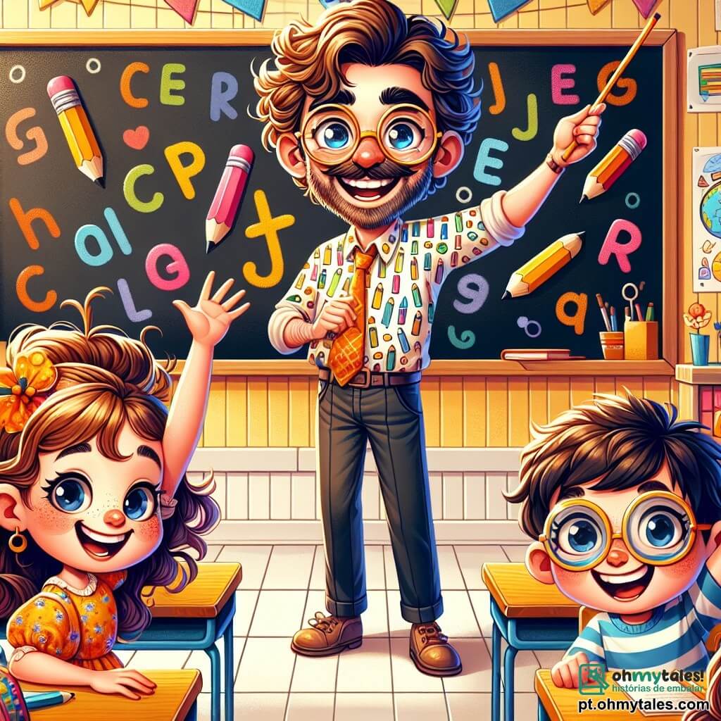 O personagem principal é um homem, o professor João, que tem um sorriso caloroso e óculos redondos. Ele tem cabelos castanhos levemente desgrenhados e usa uma camisa colorida com estampas de lápis. Ele está em frente a um quadro negro, desenhando letras com grande entusiasmo, com os braços abertos para encorajar seus alunos. Ao lado dele está Ana, uma menina de 8 anos com cabelos longos e cacheados, vestindo um vestido florido. Ela olha para o quadro com olhos brilhantes de excitação, segurando um lápis na mão, pronta para escrever. Um pouco mais longe, Pedro, um menino de 9 anos com óculos e uma camiseta listrada, levanta a mão com um grande sorriso, ansioso para compartilhar seu sonho de se tornar astronauta. A cena acontece em uma sala de aula iluminada, com paredes amarelas e cartazes coloridos sobre o aprendizado de letras e números. As mesas de madeira estão dispostas em fileiras, e livros e brinquedos estão espalhados nas prateleiras. A situação principal mostra o professor João ensinando com paixão, enquanto Ana e Pedro se envolvem ativamente na aprendizagem, criando uma atmosfera alegre e dinâmica na sala de aula.
