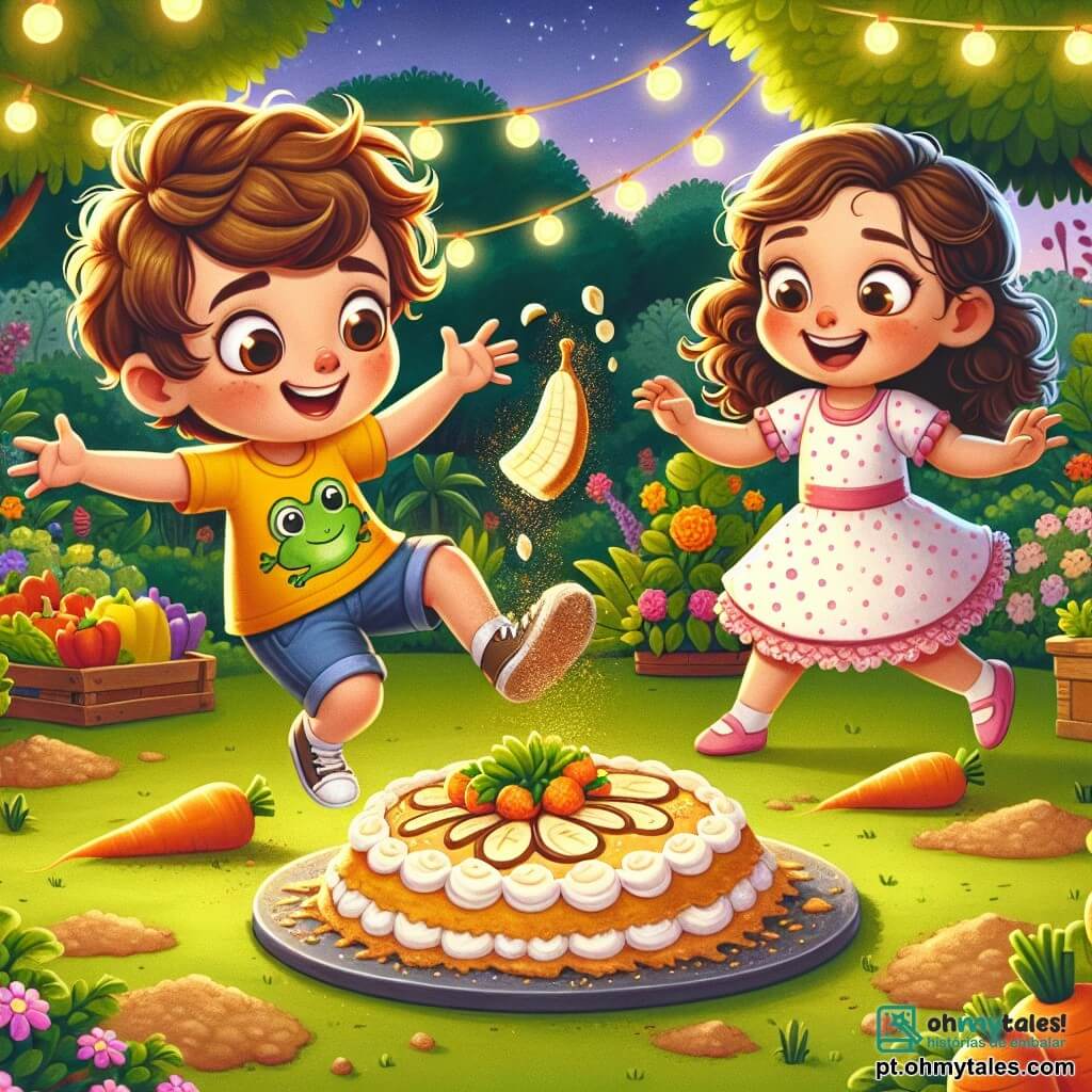 Um menino de 8 anos, chamado Pedro, com cabelos castanhos bagunçados e olhos brilhantes de curiosidade, está no centro da imagem. Ele usa uma camiseta amarela com um desenho de rã e um shorts azul, dançando alegremente com um grande sorriso no rosto, segurando uma torta de banana levemente inclinada nas mãos. Ao seu lado, sua melhor amiga Lúcia, uma menina de 7 anos com cabelos longos e cacheados, veste um vestido rosa de bolinhas e ri enquanto tenta pegar um pedaço da torta que escorregou. O cenário é um jardim ensolarado, cheio de flores coloridas e legumes organizados, com uma grande árvore ao fundo oferecendo sombra. No chão, há marcas de terra ao redor da torta, que caiu sobre uma cenoura. A cena principal mostra Pedro e Lúcia em plena festa, cercados de amigos, todos rindo e dançando, enquanto a torta de banana se torna o centro das atenções, ilustrando o tema de desafios impossíveis com um toque de magia e alegria.