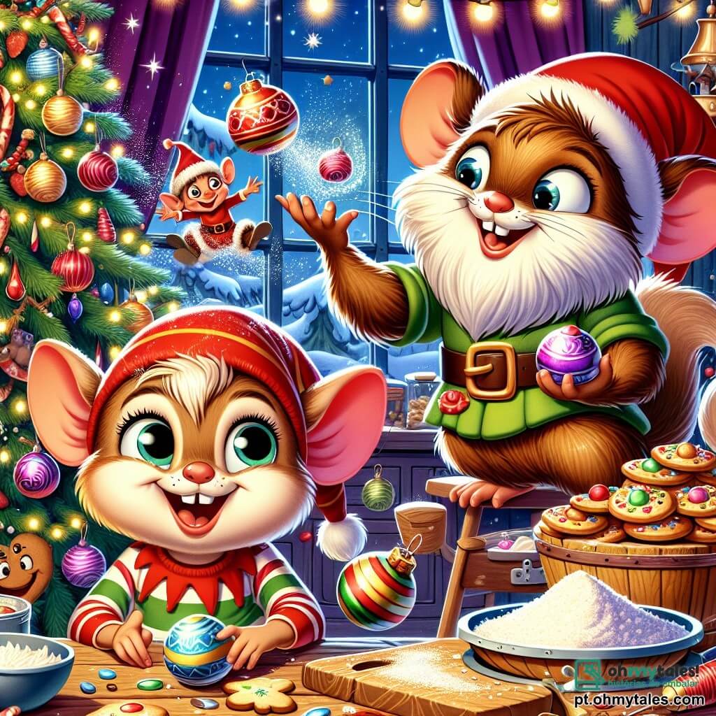 Um pequeno roedor chamado Pimpão, com orelhas pontudas e pelagem marrom suave, está rindo alto, com os olhos brilhando de travessura, enquanto jongla com pequenas bolas de Natal coloridas. Ao seu lado, um duende travesso, com um chapéu vermelho vivo e uma barba branca desordenada, sorri maliciosamente, pendurado em um lustre, lançando purpurina pelo ar. A cena acontece em uma aconchegante cozinha de Natal, decorada com guirlandas luminosas, uma grande mesa de madeira cheia de biscoitos de gengibre e uma linda árvore iluminada, repleta de decorações brilhantes. Pimpão e o duende travesso estão se preparando para a festa, cercados de risos e caos alegre, com farinha voando no ar e biscoitos saindo do forno, criando uma atmosfera festiva e encantada.