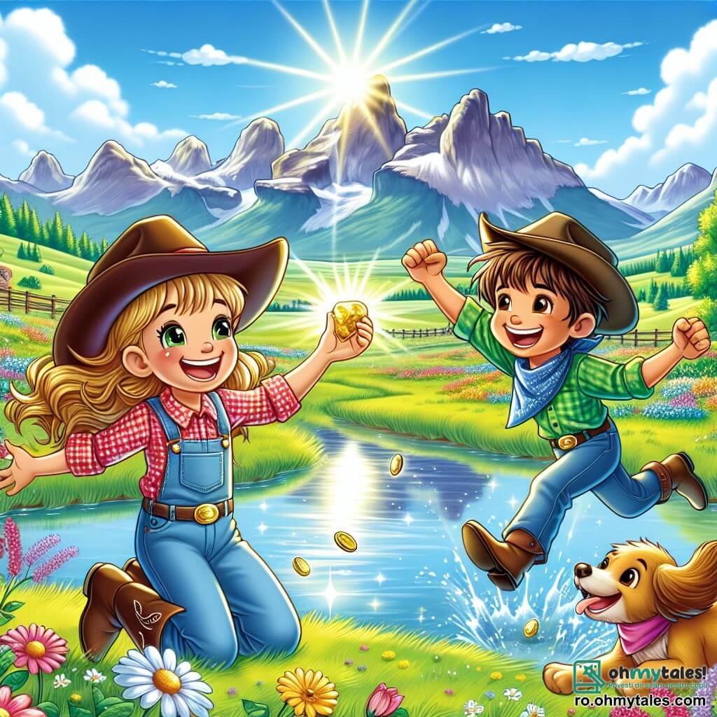 Lila, o tânără cowgirl de 10 ani, se află în centrul imaginii, cu părul ondulat și auriu, purtând o pălărie de cowboy și o cămașă în carouri roșii. Zâmbește larg, ținând în mână o mică pepită de aur strălucitoare. Alături de ea, Jake, un băiat de 11 ani cu părul brun și un bandană albastră la gât, sare de bucurie cu brațele ridicate, având un chip radiant de fericire. Daisy, o cățelușă cu blană aurie, aleargă în jurul lor, lătrând vesel, adăugând dinamică scenei. Fundalul este o vastă pajiște verde, înconjurată de munți măreți sub un cer albastru deschis, cu câteva nori albi. Flori colorate răsar ici și colo, iar un pârâu cristalin curge lin în apropiere, reflectând lumina soarelui. Situația principală arată cum Lila și Jake, după ce au descoperit o pepită de aur, sărbătoresc succesul împreună, înconjurați de frumusețea naturii, ilustrând spiritul de aventură și prietenie care îi unește.
