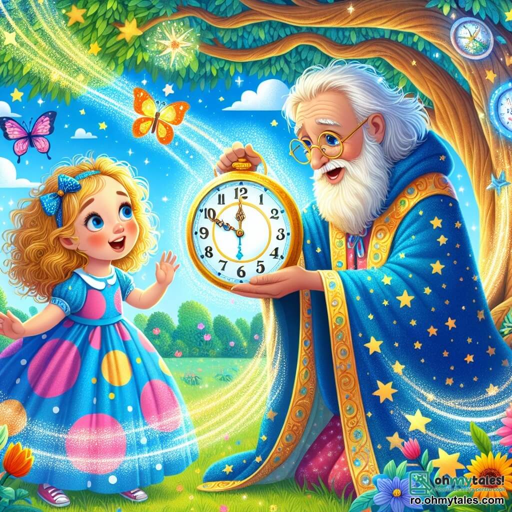 În centrul imaginii, o fetiță de 4 ani, Maria, cu părul creț și auriu, poartă o rochie colorată cu buline. Fața ei exprimă mare curiozitate și uimire în timp ce ține un ceasornic magic în mâini, înconjurată de o lumină strălucitoare. Lângă ea, Domnul Timp, un bărbat în vârstă cu o barbă lungă și albă și ochelari rotunzi, poartă o tunică albastră împodobită cu stele. El zâmbește călduros Mariei, arătându-i drumul spre o aventură incredibilă. Decorul este un parc verde, cu un copac mare și măreț și un cer albastru presărat cu nori pufoși. Flori colorate și fluturi dansează în jurul lor, adăugând o notă de magie scenei. Maria, fascinată, este pregătită să acționeze ceasornicul magic pentru a călători în timp, în timp ce Domnul Timp o încurajează cu un zâmbet binevoitor, creând o atmosferă de excitație și mister.