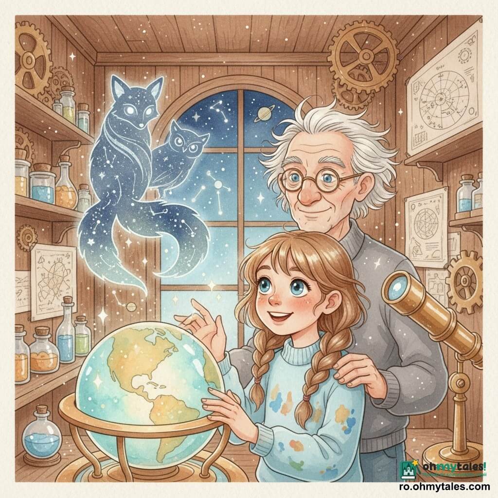 O fată de 8 ani, uimită și zâmbitoare, păr șaten deschis împletit, poartă un pulover bleu pătat de vopsea și ține delicat un mare glob de cristal care emană o strălucire turcoaz și aurie; deasupra globului plutește un spirit stelar translucid în formă de vulpe sau bufniță din filamente luminoase argintii și bleumarin; în spate, bunicul de circa 65 de ani, cu fața brăzdată de riduri, păr alb zburlit și ochelari rotunzi, o privește mândru cu o mână pe umărul ei, într-o mică cameră-secretă de observator din lemn cu angrenaje de alamă, hărți stelare și sticle strălucitoare, iar globul activat eliberează scântei și mini-planete în acuarelă, creând o atmosferă magică și curioasă.