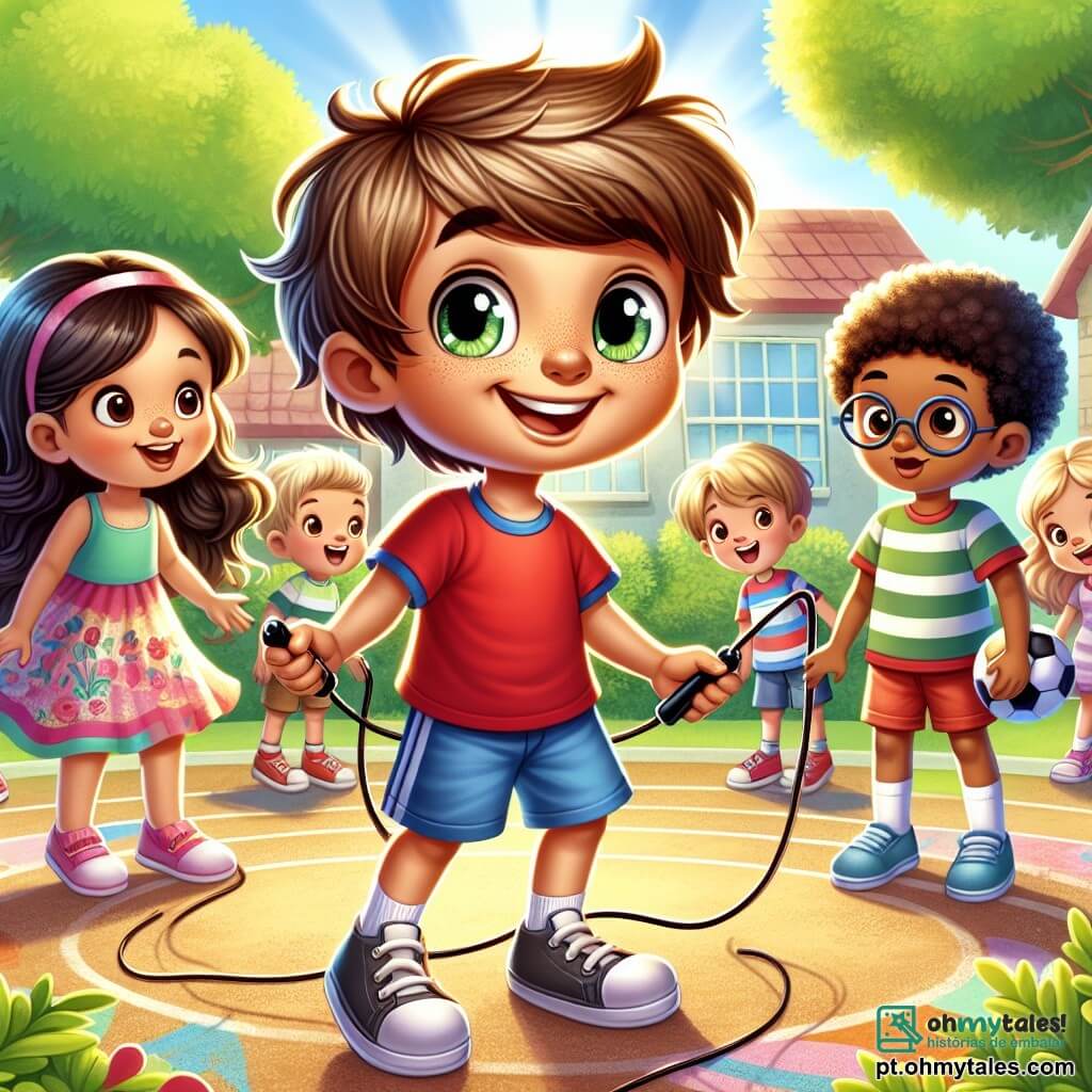 Um menino de 10 anos, Lucas, com cabelos castanhos bagunçados e olhos brilhantes de curiosidade, está no centro de um pátio escolar ensolarado, sorrindo com entusiasmo. Ele usa uma camiseta vermelha e um short azul, segurando uma corda de pular nas mãos, pronto para convidar seus amigos para brincar. À sua direita, Mariana, uma menina de 10 anos com cabelos longos e ondulados, vestida com um vestido colorido, sorri alegremente enquanto segura uma corda de pular, pronta para participar do jogo. À esquerda, Pedro, um menino de 10 anos com óculos e cabelos loiros, observa Lucas com admiração, segurando uma bola de futebol debaixo do braço, hesitante, mas curioso para se juntar à atividade. A cena acontece em um pátio escolar animado, cercado por árvores verdes e desenhos coloridos no chão, onde outras crianças brincam e riem. Lucas incentiva seus amigos a brincar juntos, quebrando estereótipos de gênero, enquanto meninos e meninas se reúnem ao seu redor, prontos para se divertir, ilustrando a importância da igualdade de gênero.