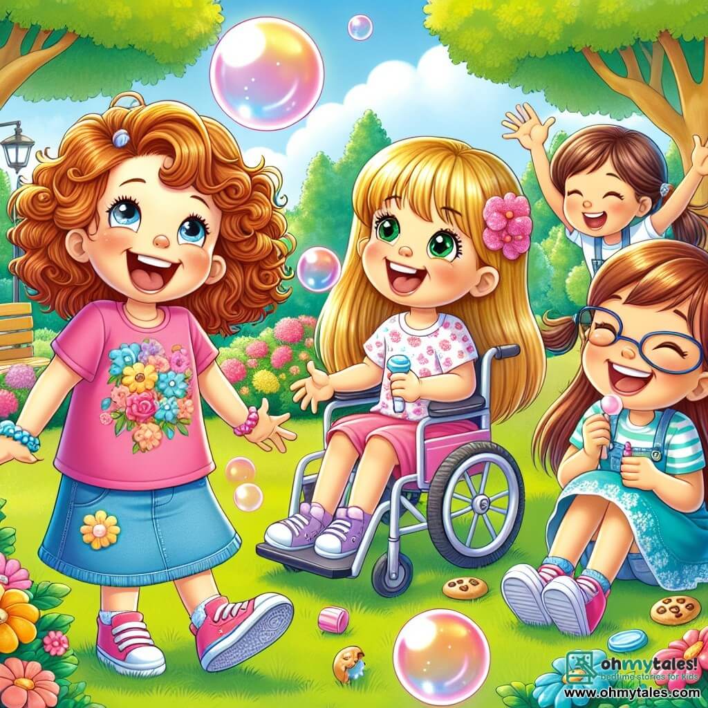 Four girls, aged 8 to 10, are in a sunny park. Mia, with curly golden hair, wears a pink t-shirt and denim shorts, laughing with her arms raised and a big smile. Zoe, with round glasses and brown hair in pigtails, sits on the grass, hands on her cheeks, giggling after popping a big bubble on her face. Lucy, a smiling girl in a wheelchair with brown hair and a blue t-shirt, holds a piece of gum and shows a big smile, ready for the bubble-blowing contest. Ruby, the tallest, with long straight hair in a floral dress, crouches to pick up cookies that fell from the baker's hand, looking determined. The park is filled with colorful flowers, green trees, and well-kept grass under a bright blue sky. The main scene shows the girls having fun blowing gum bubbles, laughing as giant bubbles float around them, creating a joyful and playful atmosphere.