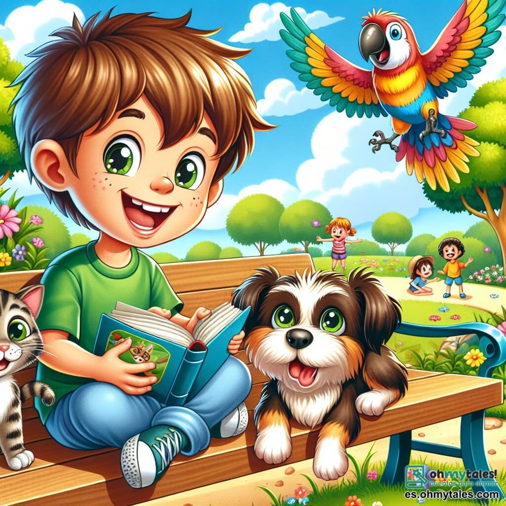 Un niño de 10 años, Lucas, con cabello castaño despeinado y ojos llenos de curiosidad, está sentado en un banco en un parque soleado. Sonríe ampliamente, sosteniendo un libro de cuentos en sus manos, mientras un pequeño perro de orejas caídas, Max, se encuentra a sus pies, mirándolo con ojos entusiastas. Junto a ellos, un gato atigrado llamado Miau, con pelaje rayado y ojos verdes brillantes, está posado en el respaldo del banco, con una expresión traviesa, listo para saltar. Un loro colorido, Lalo, con plumas rojas y amarillas brillantes, vuela sobre ellos, haciendo piruetas en el aire. El parque está lleno de flores coloridas, árboles verdes y un cielo azul claro salpicado de nubes blancas y esponjosas. A lo lejos, niños juegan y ríen, añadiendo un ambiente alegre a la escena. La situación principal muestra a Lucas y Max preparando una obra de teatro con sus amigos animales, todos riendo y divirtiéndose juntos, mientras Lucas lee en voz alta historias divertidas que hacen reír a todos.