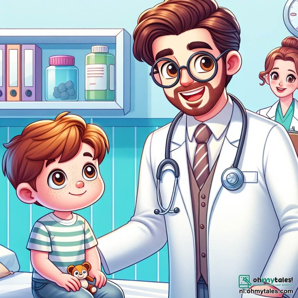 Het hoofdpersonage is dokter Lucas, een man van ongeveer dertig jaar met bruin haar en ronde bril. Hij draagt een witte schort, een stethoscoop om zijn nek en toont een grote warme glimlach, wat zijn enthousiasme en vriendelijkheid laat zien. Hij onderzoekt een jonge jongen genaamd Tim, die ongeveer 8 jaar oud is, met een bleek gezicht en vermoeide ogen. Tim zit op de onderzoekstafel, houdt een knuffel in zijn armen en kijkt met een mengeling van bezorgdheid en hoop naar de dokter. In de kamer is ook Anna, de assistente van de dokter, een jonge vrouw van in de twintig met blond haar in een bun. Ze staat bij een rek vol medische benodigdheden, houdt een dossier vast en observeert de scène aandachtig, klaar om te helpen indien nodig. De scène speelt zich af in een lichte en uitnodigende kliniek met lichtblauwe muren en kindertekeningen aan de muur, wat een warme en geruststellende sfeer creëert. Kleurrijke speeltjes liggen verspreid over de vloer, en een raam laat zonlicht binnen, dat de kamer verlicht. De belangrijkste situatie toont dokter Lucas die Tim geruststelt terwijl hij een medisch onderzoek uitvoert, zachtjes uitleg geeft over wat hij gaat doen om hem beter te laten voelen, terwijl Anna met een bemoedigende glimlach observeert, wat een sfeer van steun en zorg creëert.