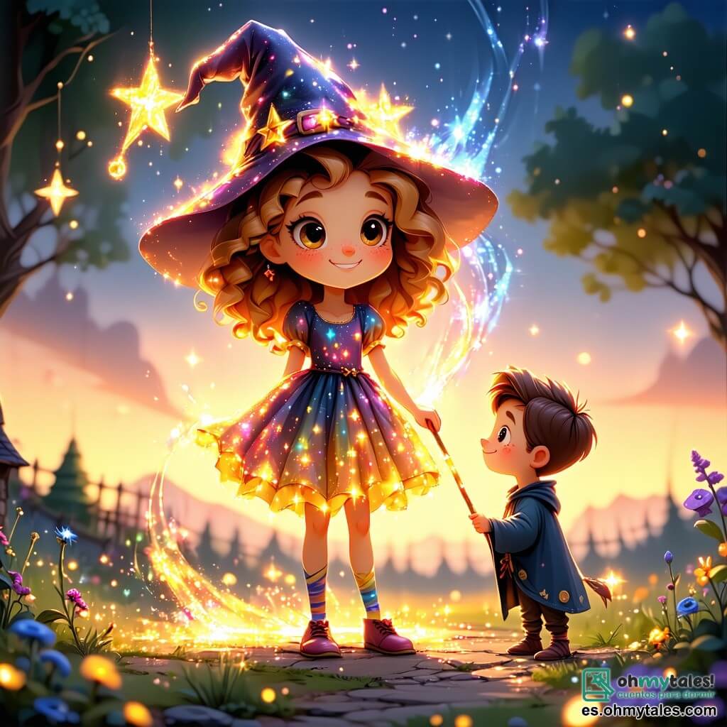 Clari, una aprendiz de bruja de cinco años, se encuentra en el centro de la imagen, con grandes ojos brillantes de curiosidad y cabello rizado dorado que cae sobre sus hombros. Lleva un vestido colorido adornado con estrellas brillantes y sostiene un bastón mágico reluciente, con una mirada maravillada, lista para descubrir los secretos de la magia. A su lado, Damián, su mejor amigo, un niño de cinco años con cabello castaño desordenado y una sonrisa radiante, observa con admiración, con las manos en las caderas, de pie sobre una alfombra de hojas doradas. En el fondo, la escena se desarrolla en un bosque encantado, donde grandes árboles de troncos retorcidos se elevan hacia el cielo, sus hojas brillan en mil colores bajo la luz de un sol radiante. Flores multicolores crecen a su alrededor, y animales curiosos, como un pequeño zorro y un búho sabio, los miran con ojos chispeantes. La situación principal muestra a Clari y Damián descubriendo una puerta mágica oculta en un gran roble, iluminada por un suave resplandor dorado. Clari, emocionada, se inclina para tocar la puerta con su bastón, mientras Damián, intrigado, señala los símbolos misteriosos que la adornan.