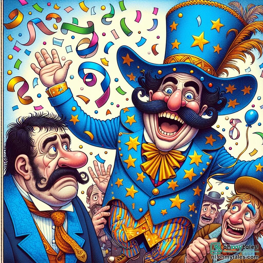 In het midden van de afbeelding zweeft Flip Flapman, een man van rond de dertig, met een grote stralende glimlach en een grappige snor. Hij draagt een grote gekleurde hoed met confetti-motieven en een heldere blauwe kostuum met gouden sterren. Hij lacht vrolijk terwijl er een regen van kleurrijke confetti om hem heen valt. Rechts van hem probeert Boef, een man van rond de veertig met een ondeugend gezicht en rommelig haar, een net van confetti van zijn hoofd te krijgen, terwijl hij Flip met een mix van verrassing en frustratie aankijkt. Links is Bob, een man van rond de dertig, die stukjes taart uit de lucht aan het oprapen is met een verwarde blik en twee mismatched schoenen. De scène speelt zich af in de charmante stad Kleurendaal, met kleurrijke huizen, bloeiende bomen en kinderen die lachen en spelen in de straten, verwonderd door het spektakel. Het hoofdthema toont Flip Flapman die in de lucht zweeft en confetti en taart laat vallen, terwijl Boef en Bob, de twee onhandige mannen, wanhopig proberen hun komische pech kwijt te raken.