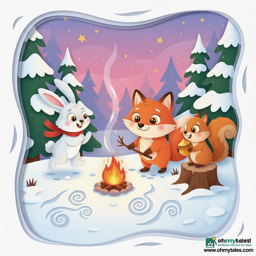 A small, round red fox with bright hazel eyes and a gentle smile stands on its hind legs writing a resolution in the snow with a stick; to its left a white rabbit with long soft ears and a mischievous gleam, wearing a small red scarf, jumps and applauds; to its right a fluffy brown squirrel with sparkling eyes perches on a low stump holding a large golden nut and watches the fox; they gather around a glowing campfire in a snowy spruce-cleared forest under a pink-and-violet twilight sky with small stars, sharing laughs and resolutions in a warm, festive paper-cut style with crisp outlines and vivid, contrasting colors.