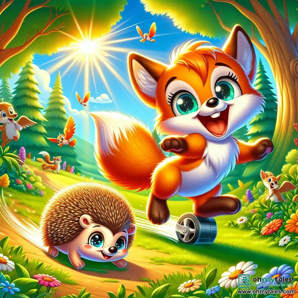 An illustration depicts a small bright orange fox with large sparkling eyes, laughing and jumping with joy, its fluffy tail swaying behind. Beside it is a small hedgehog with wheels instead of back legs, wearing a big excited smile as it rolls happily on the ground, its spines shining in the sun. In the background, a sunny clearing in a lush forest is filled with colorful flowers and majestic trees, with sunlight streaming through the leaves, creating a warm and inviting atmosphere. The main scene shows the fox and hedgehog playing together, the fox running alongside its fast-rolling friend, while other forest animals watch them with admiration, celebrating their unique friendship. Additional graphic elements include singing birds in the trees, butterflies fluttering around the flowers, and a blue sky dotted with fluffy white clouds, adding a touch of magic to this joyful scene.