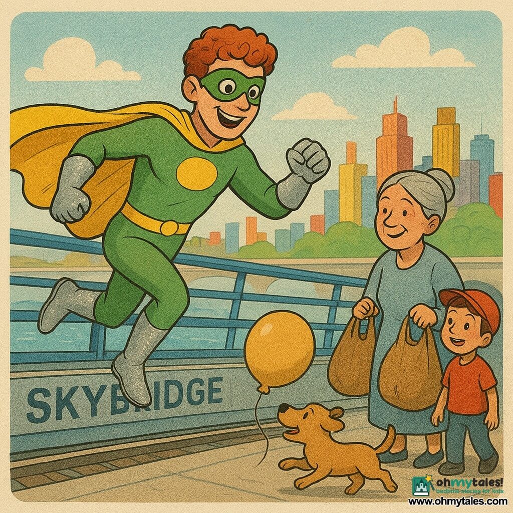 A smiling, energetic red-curly-haired superhero in a yellow-and-green mask, shiny yellow cape and sparkling silver boots jumps on the modernist Skybridge to rescue a small light-brown short-haired dog near a floating round balloon; a ~5-year-old boy with short brown hair and a red hat watches with amazement and joy from the bridge railing, an elderly woman with gray hair in a bun and simple clothes stands relieved holding heavy bags a few steps away; the bridge has a blue metal railing, silver panels and visible train rails, with a bright city of colorful towers and a river below; daytime warm light, vivid colors, soft shadows, centered composition, clean lines, saturated palette and newspaper-grain texture create a cheerful, reassuring atmosphere.
