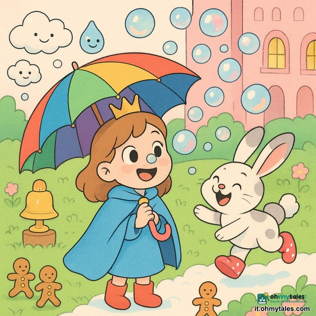 Principessa Pina, bambina dal largo sorriso e occhi tondi, con piccola corona dorata e mantello azzurro, tiene aperto un Ombrello-Arcobaleno e guarda stupita una bolla sul naso; accanto a lei, a destra, Fufi il coniglio fatato dal pelo bianco punteggiato di grigio con scarpine a pois rossi salta ridendo; il MeteoCampanello, piccolo oggetto d'oro su piedistallo, emette nuvolette sorridenti, mentre la Goccia Capricciosa con cappellino blu cade in bolle di sapone iridescenti; soldatini di marzapane color nocciola avanzano cauti su un ponte scivoloso coperto di tappeti di nuvole; sullo sfondo un castello pastello di zucchero rosa con finestre tonde e luce gialla, e un ponte di legno che conduce al giardino morbido pieno di fiori soffici; scena principale: Pina protegge i soldatini con il suo ombrello arcobaleno mentre bolle brillanti cadono intorno, atmosfera gioiosa, colori vivaci e texture morbide.