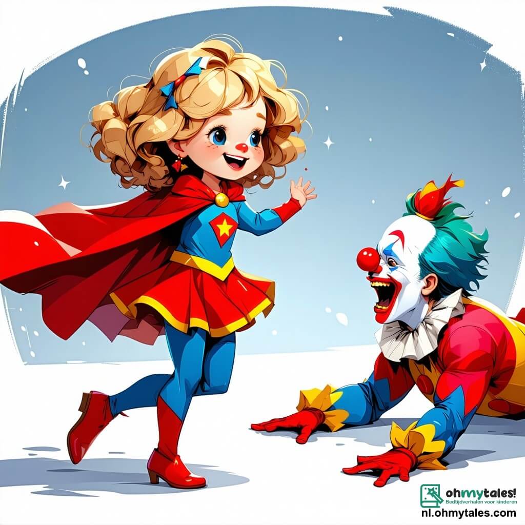 Lotte, een jong meisje met krullend goudkleurig haar, draagt een kleurrijk superheldenkostuum met een wapperende rode cape. Ze heeft een grote glimlach op haar gezicht en danst speels om een slechte clown af te leiden. De clown, een man van ongeveer dertig met een wit geschilderd gezicht en een rode neus, ligt op de grond en lacht wanhopig terwijl hij probeert op te staan, zijn kleurrijke en mismatched kleding voegt toe aan zijn komische uiterlijk. Sam, een 10-jarig jongetje met een bril en messy bruin haar, staat naast Lotte, lacht en applaudisseert, terwijl Noor, een 9-jarig meisje met vlechten en een bloemenjurk, iets verder weg staat met haar handen op haar heupen en een samenzweerderige glimlach. De scène speelt zich af op een levendig dorpsplein, omringd door kleurrijke circusstands, zwevende ballonnen en verwonderde toeschouwers die applaudisseren en lachen. Knipperende lichten verlichten de blauwe lucht, wat een feestelijke en vrolijke sfeer creëert. In deze hoofdscène gebruikt Lotte haar danstalenten om de onhandige clown af te leiden, waardoor een gespannen moment verandert in een hilarische scène van lachen en vriendschap.