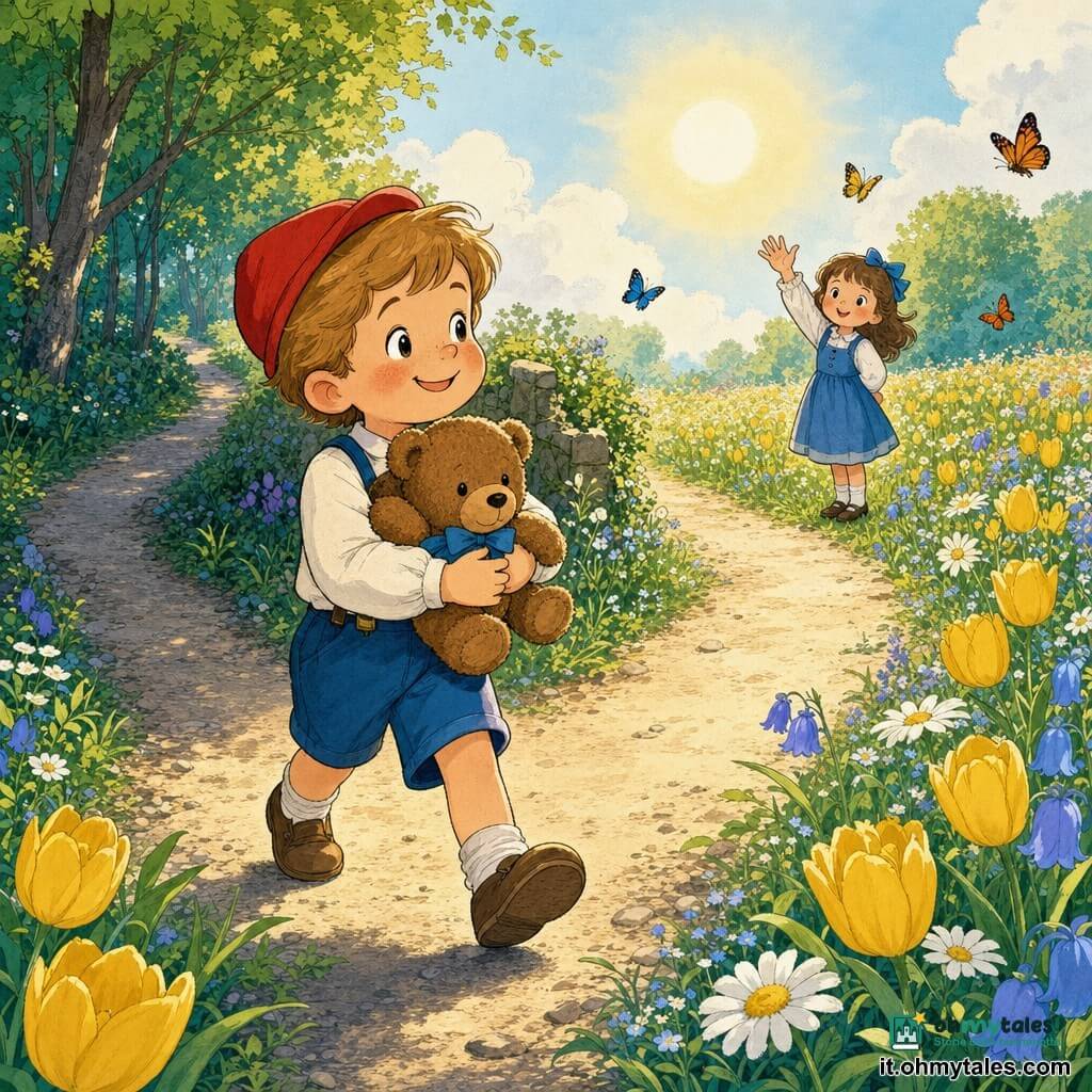 Un bambino di 4 anni, sorridente con piccolo berretto rosso e capelli castano chiaro, tiene stretto l'orsacchiotto Bombo marrone con fiocco blu mentre, deciso e fiducioso, sceglie il sentiero luminoso a destra in un giardino soleggiato dove il percorso di terra si divide e ai lati fioriscono fiori colorati; a destra, in un prato, una bambina di circa 5 anni con capelli castani e grande fiocco blu saluta agitando la mano; in primo piano l'incrocio mostra una strada stretta e ombrosa a sinistra, una larga via luminosa a destra, erba verde e qualche farfalla, atmosfera calda e rassicurante col sole leggero alle spalle.