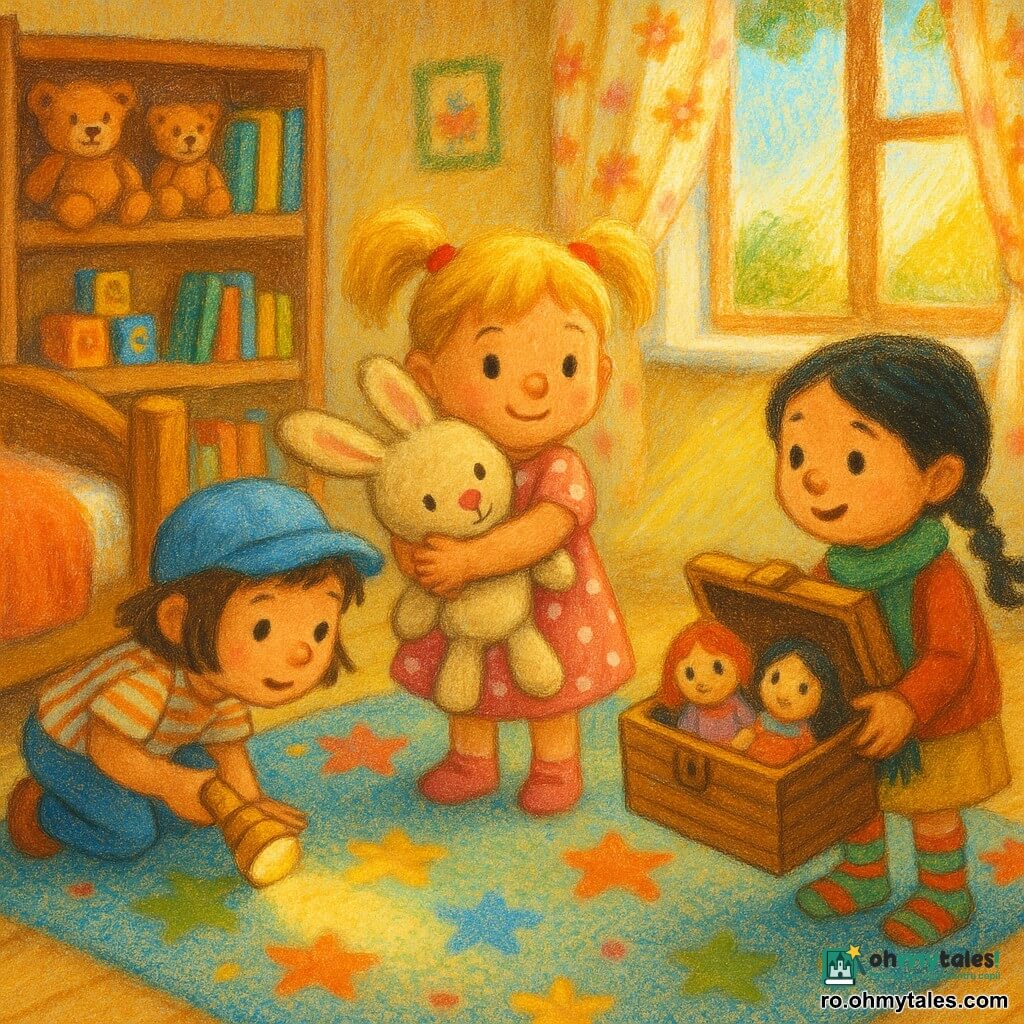 Sunt trei fete de 4 ani: Ilinca, păr blond în cozi, rochie roz cu buline albe, ține un iepuraș mare de pluș bej în centru; Mara, păr șaten scurt, șapcă albastră, cămașă în dungi, ghemuită în stânga, privește sub pat cu o lanternă galbenă; Ana, păr negru împletit, eșarfă verde și șosete în dungi, în dreapta, ține un cufăr de jucării întredeschis cu păpuși vizibile. Cameră de copii călduroasă și însorită, parchet deschis, covor moale cu stele, rafturi cu urși de pluș, cuburi și cărți, fereastră deschisă cu rază de soare și perdele cu flori. Cele trei mici detectivi caută iepurașul pierdut într-o atmosferă jucăușă și curioasă, ridicând o pătură, lumină de lanternă îndreptată, cufăr întredeschis, expresii de mirare și complicitate; culori pastelate, contraste calde pentru soare, texturi vizibile de pastel gras.