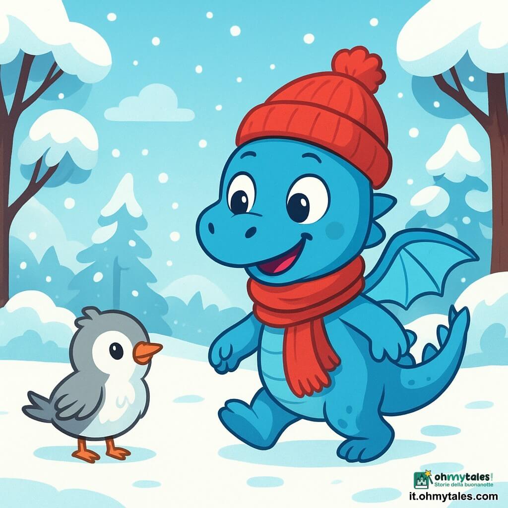 Un piccolo drago blu di nome Nilo, con ali morbide e occhi scintillanti, si trova in un paesaggio invernale. Ha un sorriso gioioso e curioso, indossa un berretto rosso con un pon-pon e una sciarpa che fluttua dolcemente nel vento. Vicino a lui, un uccello grigio e bianco di nome Cip, con piume morbide, lo guarda con un'espressione amichevole, i suoi occhi brillano di curiosità. Il paesaggio è un magnifico bosco innevato, con alberi coperti di neve scintillante, i cui rami si piegano sotto il peso della neve. Il terreno è coperto da uno spesso strato di neve immacolata, dove si vedono chiaramente le impronte di Nilo. Nilo, meravigliato dalla bellezza dell'inverno, si prepara a fare un passo nella neve, pronto a esplorare il suo ambiente magico e scoprire le meraviglie della stagione.