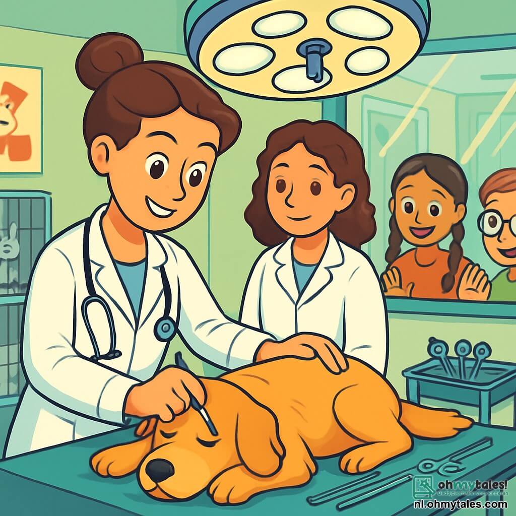 Een vrouwelijke dierenarts van rond de dertig met kastanjebruin haar in een knot draagt een stralende witte labjas en een stethoscoop om haar nek. Ze heeft een warme en vastberaden glimlach, haar ogen stralen empathie uit terwijl ze een golden retriever op de operatietafel onderzoekt. Naast haar staat een vrouwelijke assistente van ongeveer 25 jaar met krullend bruin haar, die ook een labjas draagt en aandachtig naar de dierenarts kijkt, klaar om te helpen. Twee kinderen, een 10-jarig meisje met vlechten en een 9-jarig jongetje met een bril, staan achter het glas van de operatiekamer, gefascineerd door de scène, hun gezichten verlicht door opwinding en bezorgdheid. De locatie is een moderne, lichte en uitnodigende dierenkliniek met pastelgroene muren en dierenposters aan de muren. In een hoek staan kooien met dieren die op zorg wachten, en medische instrumenten zijn zorgvuldig op een tafel in de buurt geplaatst. De hoofdscène toont de dierenarts die een operatie uitvoert op de golden retriever, met glinsterende chirurgische instrumenten om haar heen. De sfeer is zowel serieus als vol hoop, terwijl de kinderen met bewondering kijken, ongeduldig om te zien hoe Max herstelt.