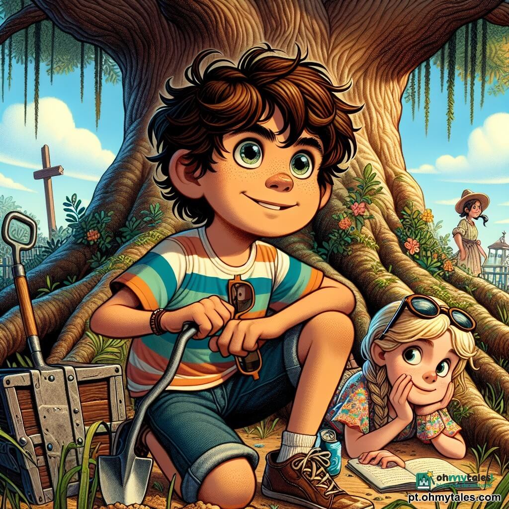 Um garoto de 12 anos, Miguel, com cabelo castanho bagunçado e olhos brilhantes de curiosidade, está agachado sob um grande carvalho, seu rosto iluminado pela emoção da descoberta. Ele usa uma camiseta listrada colorida e um short de jeans, segurando uma pequena pá em uma mão e um velho baú de metal na outra, com um olhar concentrado e maravilhado. Ao lado dele, sua melhor amiga Sofia, uma menina de 11 anos com cabelo loiro trançado, observa com um sorriso encorajador, segurando um caderno de anotações e uma lata de refrigerante. Ela está vestida com um vestido florido e usa óculos de sol na cabeça, pronta para anotar cada detalhe da investigação. No fundo, um grande carvalho, com um tronco tortuoso e folhas verdes vibrantes, se ergue majestoso, suas raízes emergindo do solo como serpentes. O céu está azul e ensolarado, salpicado de algumas nuvens brancas e fofas, e o jardim está cheio de flores coloridas e grama alta. A cena mostra Miguel e Sofia em ação, cavando o solo ao redor do carvalho em busca de um tesouro escondido, com rostos radiantes de entusiasmo e determinação, enquanto um pequeno fio vermelho serpenteia ao redor de seus pés, simbolizando as pistas da investigação.