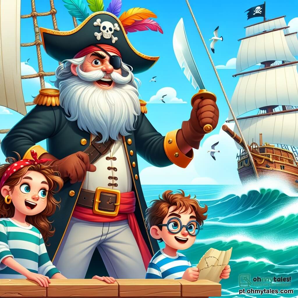 O personagem principal é o Capitão Marujo, um homem idoso com uma longa barba branca e um chapéu de pirata adornado com penas coloridas. Ele tem um olhar determinado e um sorriso caloroso, brandindo uma espada de madeira enquanto está em pé no convés de um navio. Ao seu lado está Ana, uma menina de dez anos com cabelos castanhos e cacheados, usando um bandana vermelho. Ela aponta para o navio inimigo com uma expressão corajosa, pronta para lutar. Um pouco mais longe, Pedro, um garoto de nove anos com óculos e uma camiseta listrada, segura um mapa do tesouro, com os olhos arregalados de excitação. A cena acontece no convés de um navio pirata, com velas brancas balançando ao vento e ondas turquesa batendo no casco. Ao fundo, há um céu azul claro salpicado de algumas nuvens brancas, e ao longe, o navio Sombrero, sombrio e ameaçador, se destaca no horizonte. A situação principal mostra o Capitão Marujo e as crianças se preparando para enfrentar os piratas do navio Sombrero, com uma mistura de excitação e determinação em seus rostos, prontos para defender seu tesouro e sua vila.