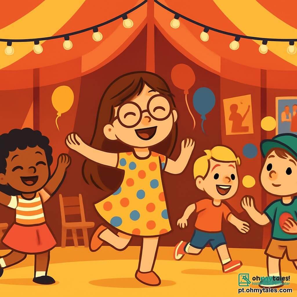 Quatro personagens principais estão presentes: 1. **Ana**, uma menina de 8 anos com longos cabelos castanhos e óculos redondos, usa um vestido colorido de bolinhas e dança alegremente no centro do palco, com um grande sorriso no rosto. 2. **Rui**, um menino de 9 anos com cabelos curtos e loiros, vestido com uma camiseta vermelha e um short azul, faz gestos enérgicos enquanto corre ao redor de Ana, pronto para fazer uma pirueta. 3. **Sofia**, uma menina de 7 anos com cabelos cacheados e negros, vestida com uma saia rosa e uma blusa listrada, está à esquerda de Ana, fazendo uma pose de dança com os braços levantados para o céu. 4. **Miguel**, um menino de 8 anos com cabelos castanhos e um boné verde, está à direita de Ana, equilibrando três bolas coloridas, com uma expressão concentrada no rosto. O local da ilustração é uma grande tenda de circo, com cores vibrantes como vermelho, amarelo e azul. Luzes cintilantes pendem acima, e cadeiras de madeira estão dispostas para o público. Ao fundo, vê-se cartazes de espetáculos e balões flutuantes. A situação principal mostra os quatro amigos se preparando para seu espetáculo de circo, cercados de risos e cores, cada um se divertindo e mostrando seus talentos, criando uma atmosfera alegre e festiva.