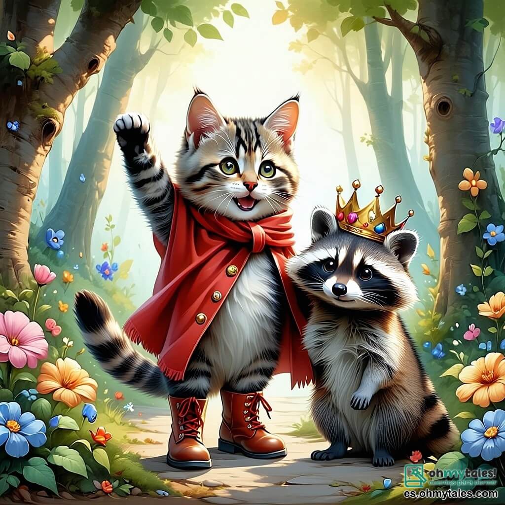 El Gato con Botas, un gato elegante con pelaje gris y botas rojas brillantes, se encuentra en el centro de la escena, mostrando una amplia sonrisa de determinación. Sus ojos brillan de entusiasmo mientras levanta una pata para saludar a los demás animales del bosque. A su lado, una pequeña ratoncita llamada Rita, con pelaje suave y marrón, lleva una corona de flores coloridas. Ella mira al Gato con Botas con admiración, sus grandes ojos resplandecen de alegría. Al fondo, un gran y majestuoso árbol del bosque, con hojas verdes brillantes y ramas cargadas de frutas, se erige con orgullo. Flores multicolores cubren el suelo, mientras los pájaros cantan alegremente en las ramas. La escena representa una gran fiesta en el bosque, donde todos los animales bailan y celebran juntos, unidos para proteger su hogar. Las risas y la música flotan en el aire, creando una atmósfera mágica y alegre.
