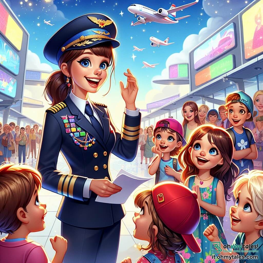 La capitano Sofia Rossi, una donna di circa trent'anni, si trova al centro dell'immagine con un ampio sorriso che trasmette entusiasmo. Indossa una tuta da pilota blu scuro, decorata con distintivi colorati, e un cappello da pilota. I suoi occhi brillano di passione e i capelli castani legati in una coda di cavallo aggiungono alla sua presenza dinamica. Intorno a lei, un gruppo di quattro bambini, di età compresa tra 7 e 10 anni, la ascolta attentamente. Giulia, una ragazza dai capelli ricci e dal viso sorridente, tiene un piccolo aereo di carta, con gli occhi sbarrati per la meraviglia. Luca, un ragazzo con un berretto rosso, sta accanto a lei con le braccia incrociate, mostrando un'espressione di intensa curiosità. Maria, una bambina con un vestito a fiori, guarda Sofia con ammirazione, mentre Tommaso, un ragazzo dai capelli biondi, si è alzato con entusiasmo, pronto a condividere il suo sogno di diventare pilota. La scena si svolge in un aeroporto affollato, con aerei colorati sullo sfondo, passeggeri in movimento e pannelli luminosi. Il cielo è di un blu brillante, punteggiato da alcune nuvole bianche e soffici. Sofia spiega con passione il mondo affascinante del volo, circondata da bambini catturati dalle sue storie, tutti sognando di volare un giorno nei cieli.