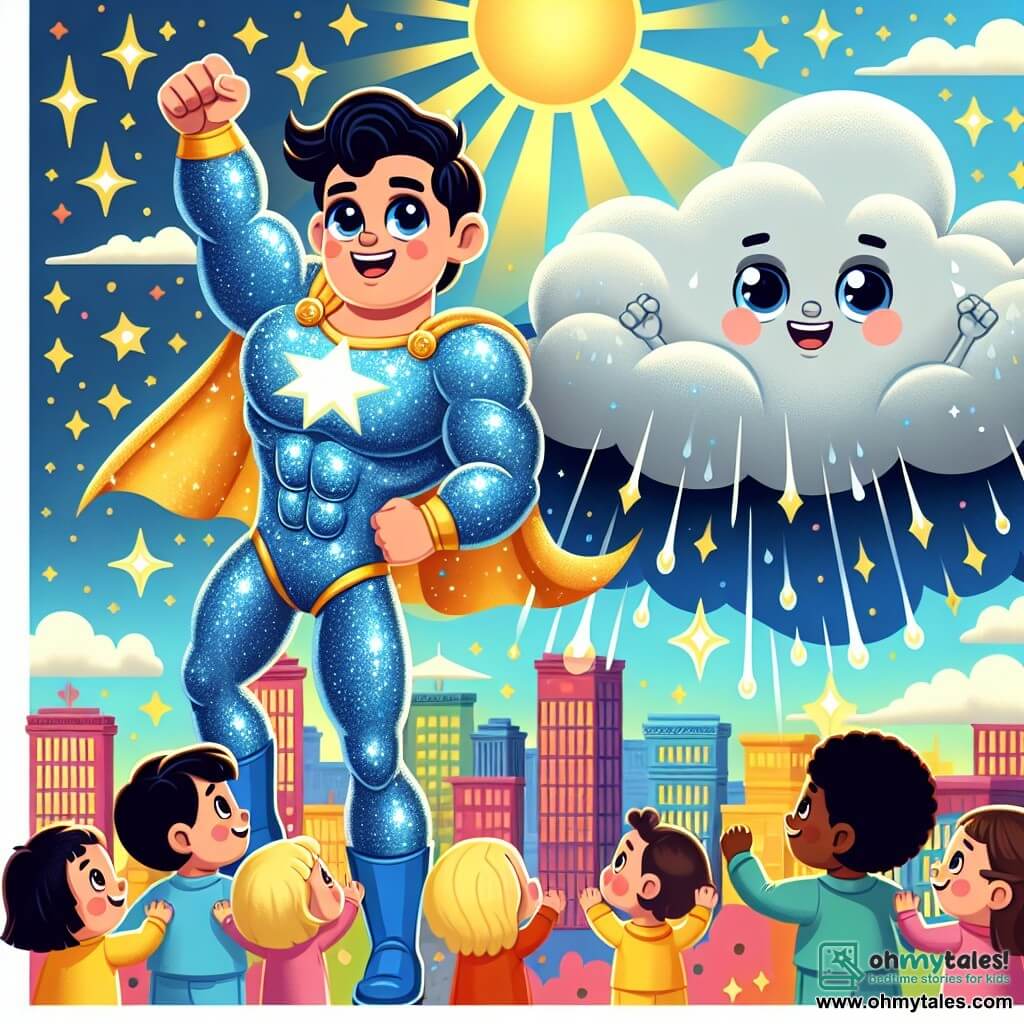 In the center of the image, Captain Brightstar, a tall and muscular man, wears a shimmering blue suit that sparkles like the stars. His face is smiling and determined, with eyes sparkling with courage. He flies in the sky, arms open, ready to help, with his cape billowing behind him like a banner of bravery. Beside him, Thunderfizz, a large gray cloud with round eyes and a shy smile, floats joyfully. He is surrounded by small raindrops dancing around him, showing he is now happy and ready to play. Below, the city is full of bright colors, with buildings in vibrant shades of red, yellow, and green. People, both children and adults, look up at the sky with expressions of joy and wonder, some raising their arms to greet Captain Brightstar. The main scene shows Captain Brightstar and Thunderfizz playing together in the sky, while the sun shines behind them, illuminating the city. Golden rays of light spread around them, creating a magical and joyful atmosphere.