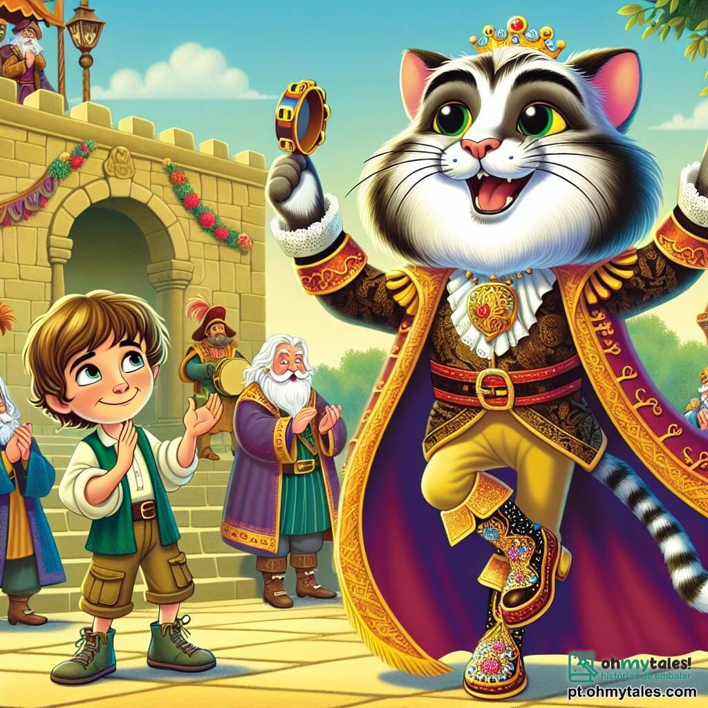 O Gato de Botas, um gato elegante com pelagem sedosa e botas brilhantes, está no centro do palco, exibindo um grande sorriso cheio de malícia e entusiasmo. Seus olhos brilhantes de alegria reluzem sob o sol, enquanto ele dança alegremente, levantando uma pata no ar, pronto para contagiar todos com sua festa. Ao seu lado, um jovem chamado João, de cerca de 10 anos, com cabelos castanhos e olhos curiosos, observa o Gato de Botas com admiração. Ele usa uma camisa colorida e calças de lona, segurando um pandeiro, pronto para tocar música para o festival. Ao fundo, o velho rei, um homem de cerca de sessenta anos com uma longa barba branca e uma coroa dourada, está em seu trono, sorrindo e batendo palmas ao ritmo da música. Ele veste uma robe real adornada com padrões dourados, e seu rosto expressa alegria renovada. O local é um magnífico castelo de pedra, cercado por jardins floridos e guirlandas coloridas. Lanternas cintilantes pendem das árvores, e crianças riem e dançam ao redor, criando uma atmosfera festiva e mágica. A cena principal mostra o Gato de Botas e João celebrando o festival da alegria, cercados de risos e música, enquanto o rei, emocionado, se levanta para dançar com eles, simbolizando o retorno da magia e da amizade no reino.