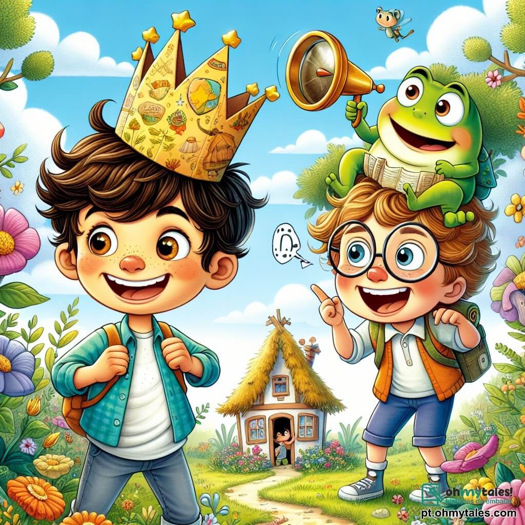 Um menino de 10 anos, Miguel, com cabelos castanhos bagunçados e olhos brilhantes de curiosidade, está no centro da imagem, usando uma coroa de papel dourado na cabeça. Ele sorri amplamente, mostrando sua empolgação enquanto procura sua coroa perdida. Ao lado dele, seu amigo Pedro, também um menino de 10 anos, com óculos redondos e cabelos loiros, segura um radar feito de caixas de papelão, rindo e apontando para o céu. O cenário é um jardim mágico, cheio de flores coloridas e arbustos densos, sob um céu azul claro com nuvens brancas fofas. Ao fundo, vê-se uma pequena cabana feita de folhas e galhos, onde está o Sapo Cantor, um sapo verde grande com um chapéu pequeno, que os observa com um sorriso divertido. A cena principal mostra Miguel e Pedro cantando uma canção engraçada, esperando abrir a caixa de coroas perdidas, enquanto o vento faz as flores dançarem ao redor deles, criando uma atmosfera alegre e mágica.
