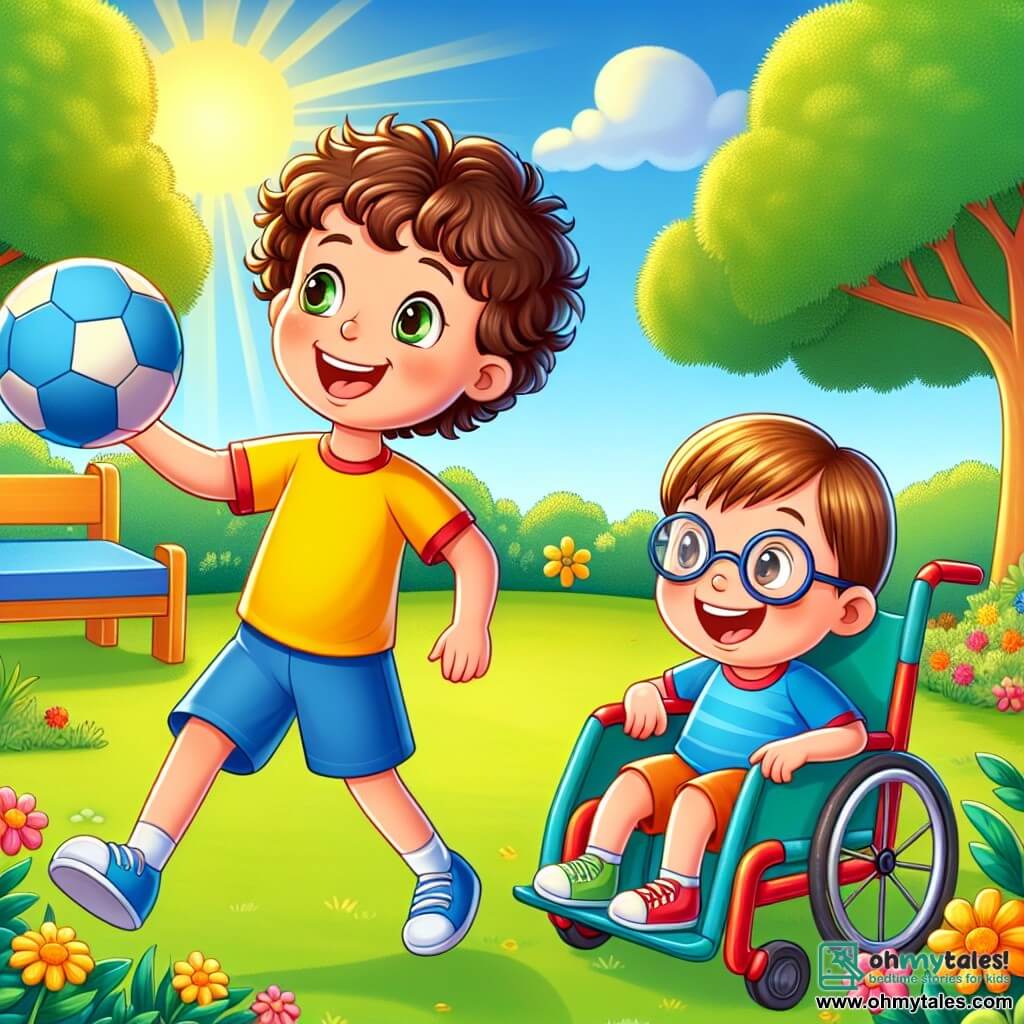 A 6-year-old boy, Oliver, with curly brown hair, sparkling joyful eyes, and a big smile, is playing with a blue ball in a sunny park. He is wearing a bright yellow t-shirt and blue shorts. Next to him, Max, also 6 years old, with glasses, brown hair, and fair skin, is sitting in his red wheelchair, laughing and throwing the ball to Oliver. The park is filled with lush green trees, colorful flowers, and a well-kept lawn under a clear blue sky. The main scene shows Oliver and Max playing together, illustrating their joyful friendship and teamwork, with bursts of laughter and radiant smiles.