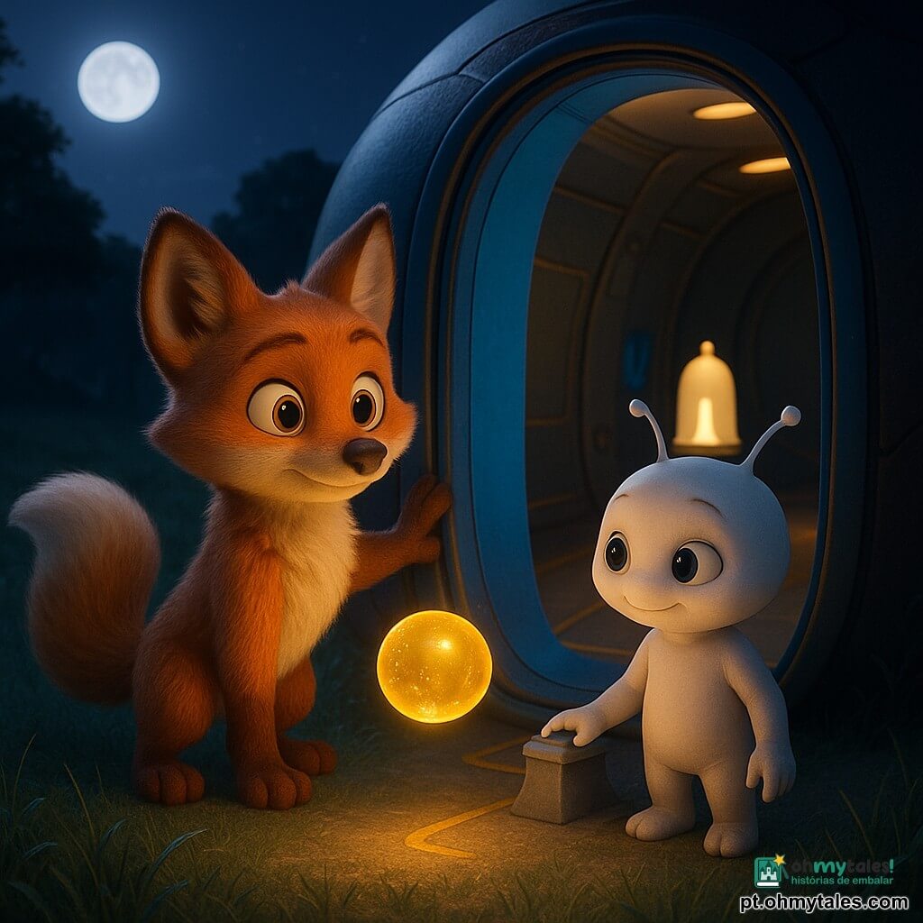 Hardy, uma pequena raposa ruiva de pelo fofo e cauda espessa, olhos cor de mel curiosos e corajosos, pousa uma pata no limiar de uma porta oval azul-claro; Liri, um pequeno extraterrestre de pele nacarada, grandes olhos redondos e antenas curtas tremulantes, está junto a um pequeno sino branco, tocando levemente uma consola; entre eles flutua uma esfera luminosa do tamanho de uma maçã, dourada e semitransparente. A cena passa num prado noturno à luz da lua, com relva prateada, árvores escuras ao fundo e uma nave pousada cujo interior mostra corredores com linhas douradas e um sino branco que emite um brilho, criando uma atmosfera calma de luzes azuis e douradas e expressões ternas.