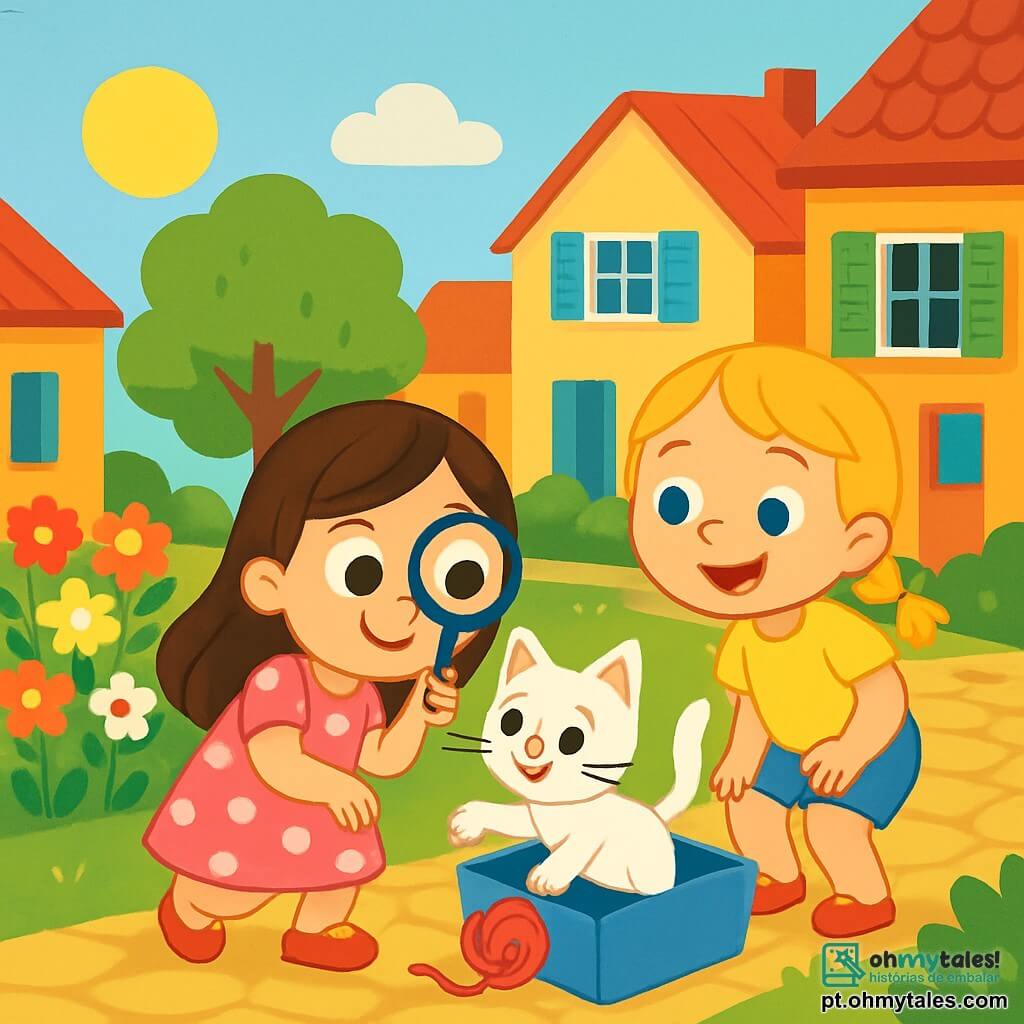 Há 3 personagens: - Sofia: uma menina de 6 anos, com cabelos longos e castanhos e olhos brilhantes. Ela usa um vestido rosa com bolinhas brancas e segura uma lupa na mão. - Lara: uma menina de 6 anos, com cabelos loiros trançados e olhos azuis. Ela veste uma camiseta amarela e um short de jeans, olhando ao redor com um grande sorriso. - O gatinho: um pequeno gato branco com olhos verdes, sentado em uma caixinha azul, brincando com um novelo de lã. O cenário é um bairro ensolarado, com casas coloridas e janelas abertas, um jardim florido cheio de flores multicoloridas e uma grande árvore verde ao lado da rua pavimentada. A situação principal mostra Sofia e Lara, em uma investigação, procurando o gatinho. Elas estão agachadas perto da caixinha azul, com expressões curiosas em seus rostos, enquanto o gato branco salta alegremente da caixa.