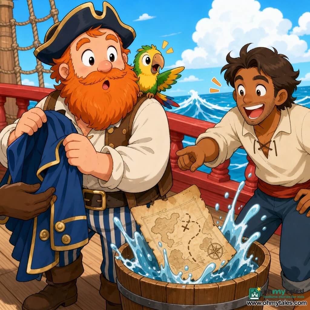 Adult pirate Bram with a round face, large red beard, soft smile and surprised eyes holds a blue coat as a paper map slips from it into a water-filled wooden bucket with visible splashes; tiny parrot Pip, bright green and yellow, perches on Bram’s right shoulder with its beak open saying peep; a laughing adult deckhand (30–40, short brown hair) points nearby on the light wooden deck of the ship Sunny Shark with thick ropes, a red rail, pale blue sky with a few clouds and stylized waves in the background; simple shapes, exaggerated expressions, bright colors, bold lines and black outlines create a gentle, joyful mood.