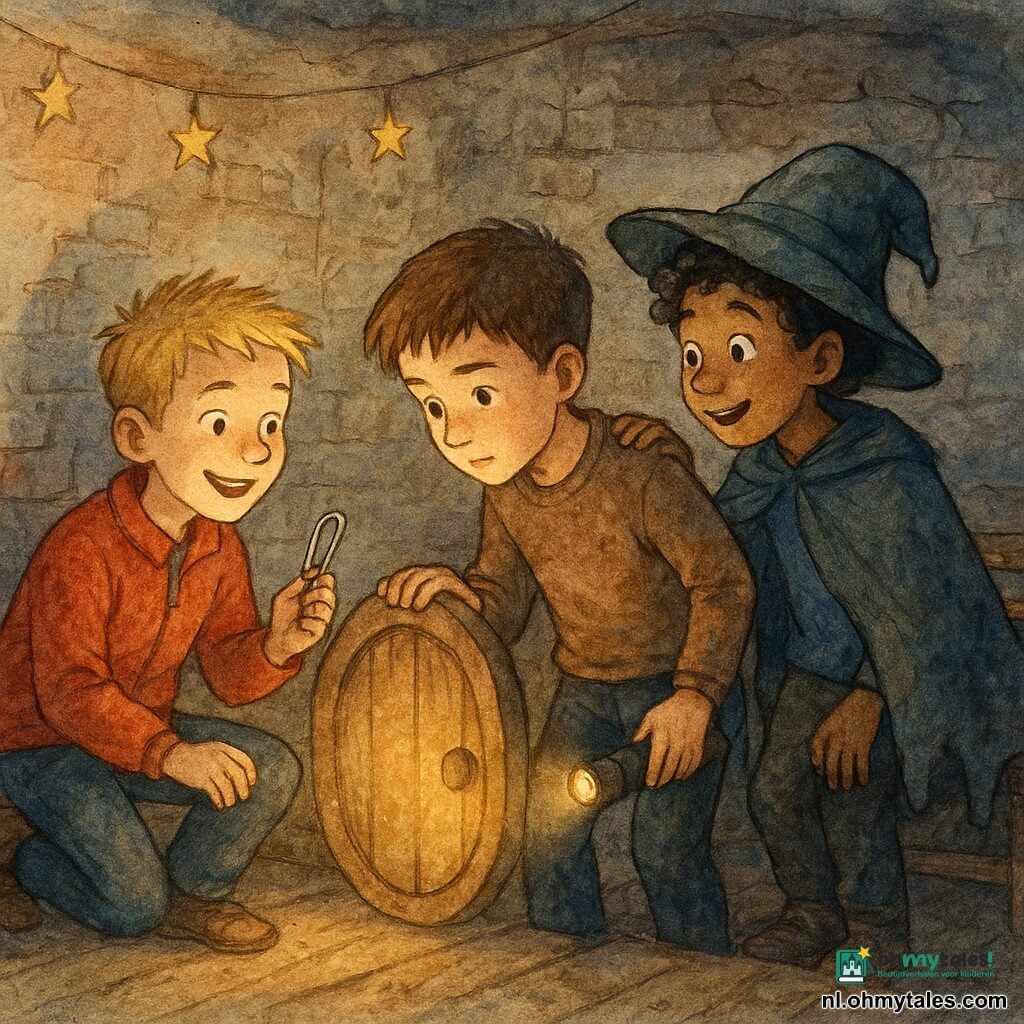Drie jongens van ongeveer 11 jaar: Milo, kort bruin haar, lichte huid, geconcentreerde blik, in het midden voor een kleine ronde houten deur met één hand op de rand en een zaklamp aan de riem; Jens, blond kort haar, brede glimlach, rode jas, links van Milo, toont een zelfgemaakt paperclip-gereedschap met één knie op een trede; Rayan, krullend zwart haar, getinte huid, te grote scheve hoed, rechts van Milo met hand op zijn schouder en een kapotte cape op een bank; locatie: kleine ondergrondse buurtzaal omgebouwd tot mini-theater met geschilderde gebarsten bakstenen muren, versleten houten vloer, opgestapelde houten banken, papieren sterren aan het plafond en lichte stof- en spinnenwebsporen; situatie: de jongens ontdekken en openen samen een verborgen ronde deur in de wand, een warme gouden gloed ontsnapt door de kier, stof zichtbaar in lampradiant, sfeer van nieuwsgierigheid, saamhorigheid en tedere avontuur in korrelige aquarelstijl.