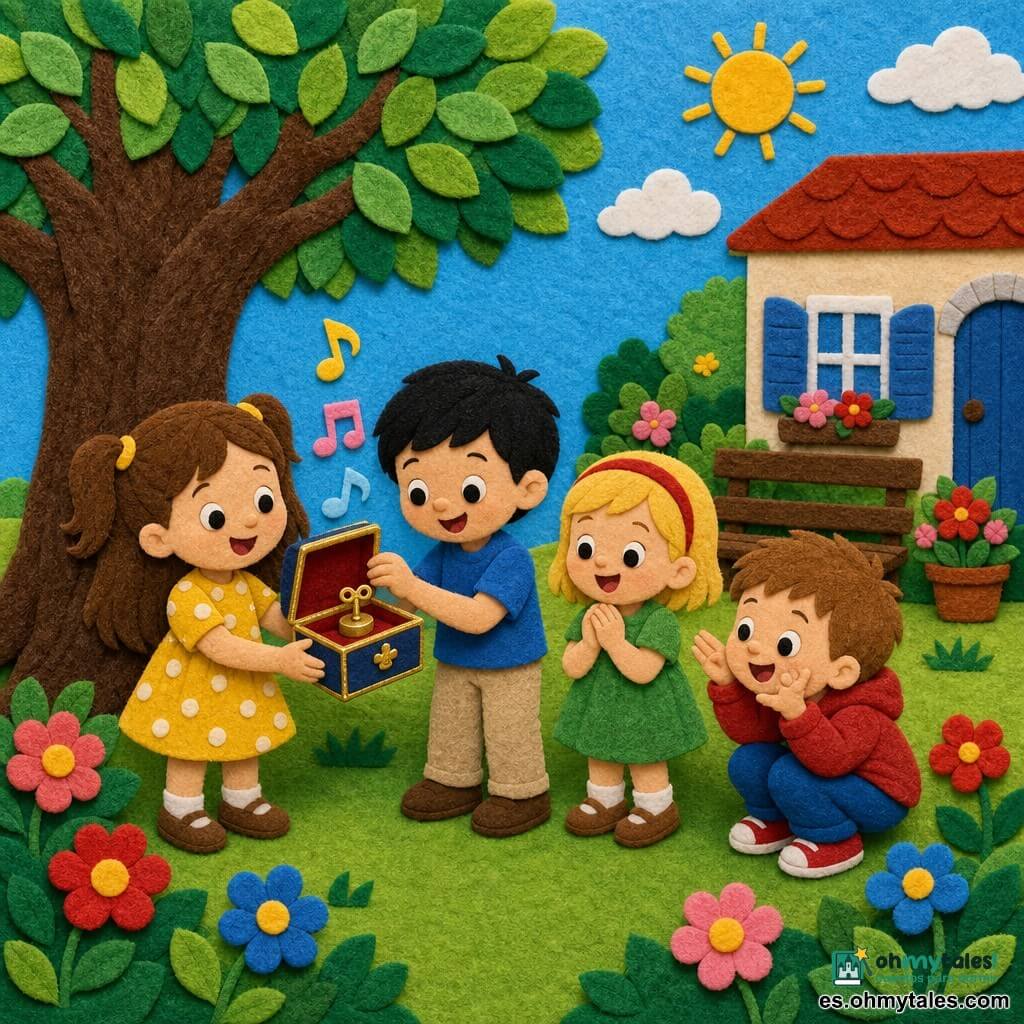 Cuatro niños en el jardín de la abuela a plena luz del día: Ana (≈6 años), pelo castaño largo en dos coletitas, vestido amarillo de lunares, sostiene una pequeña caja musical brillante; Luis (≈7 años), pelo corto negro, camiseta azul y pantalón beige, sonríe mientras abre la caja; Sara (≈5 años), pelo rubio corto con diadema roja, vestido verde, aplaude alegre; Tomás (≈6 años), pelo castaño claro en cepillo, sudadera roja, imita un pájaro con las manos y está ligeramente agachado; césped verde, gran árbol de corteza marrón, flores coloridas, un banco y una casa beige con contraventanas azules al fondo; la caja musical abierta muestra una pequeña llave dorada y notas musicales estilizadas elevándose, ambiente alegre y colores vivos, composición simple y legible para niños pequeños.