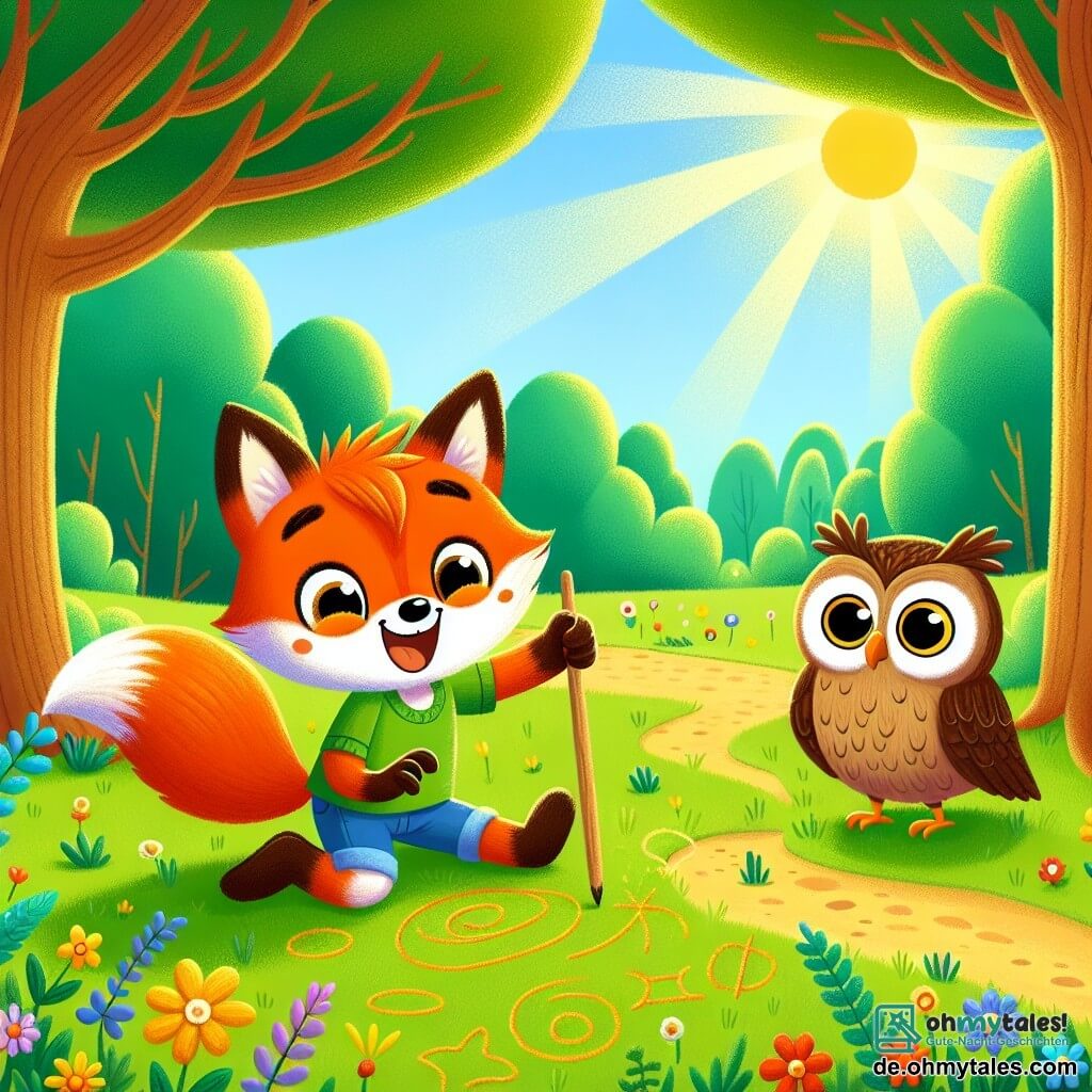 In einer sonnigen Lichtung im Wald sitzt ein kleiner Fuchs namens Felix mit leuchtend orangefarbenem Fell und einem großen Lächeln auf einem Teppich aus grünem Gras. Er hält einen Stock in seiner Pfote und zeichnet Formen in den Boden, seine Augen funkeln vor Aufregung und Fantasie. Neben ihm beobachtet seine beste Freundin, eine Eule namens Ella mit großen braunen Federn und runden, neugierigen Augen, ihn mit einem ermutigenden Lächeln, ihre Flügel leicht ausgebreitet, bereit zu helfen. Die Lichtung ist von majestätischen Bäumen mit strahlend grünen Blättern umgeben, und bunte Blumen sprenkeln den Boden, was der Umgebung einen Hauch von Magie verleiht. Die Sonne scheint durch die Äste und wirft tanzende Schatten auf den Boden. Felix, der sich gerade von einer kleinen Krankheit erholt hat, erzählt Ella eine fesselnde Geschichte, seine Stimme voller Begeisterung, während er sich fantastische Abenteuer für seinen mutigen Fuchscharakter ausdenkt.