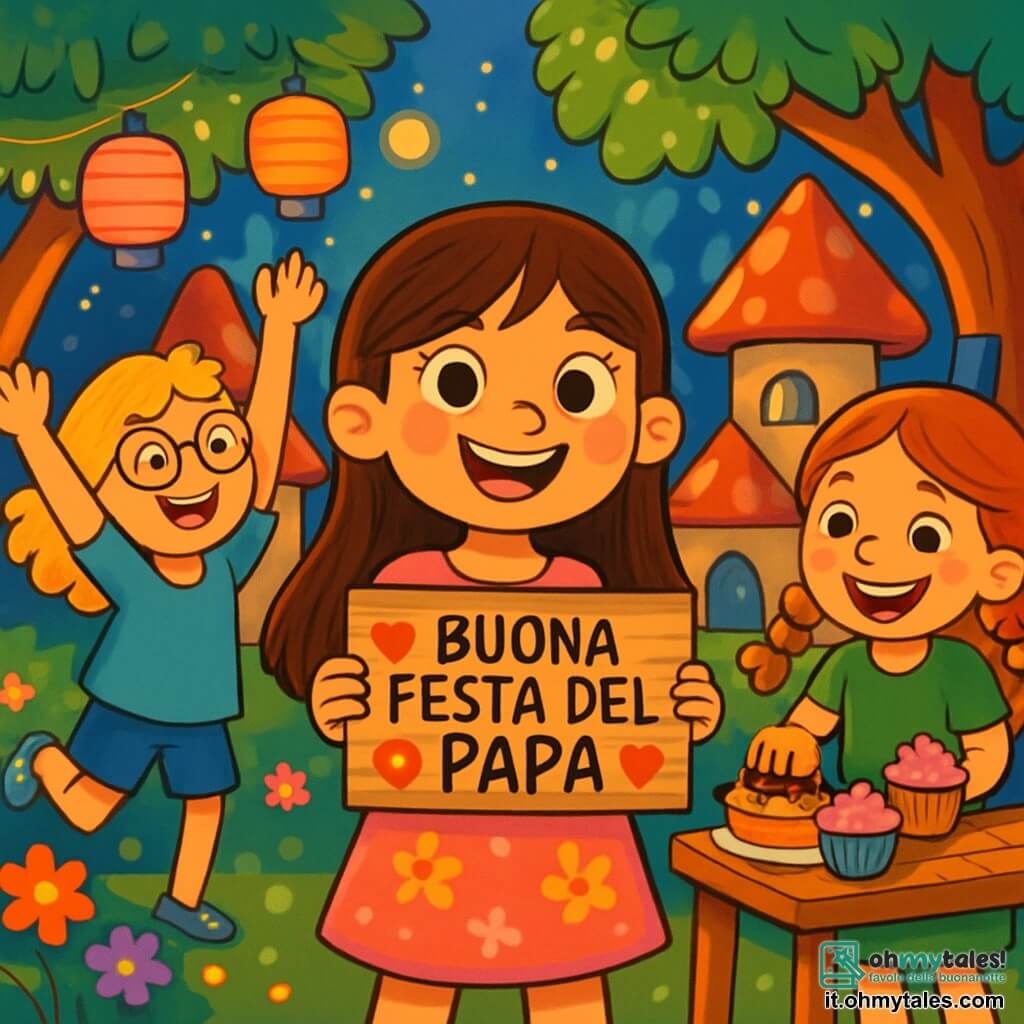 Ci sono 3 personaggi: Mia, una ragazza di 8 anni con lunghi capelli castani e occhi vivaci, indossa un vestito rosa con motivi floreali e tiene un piccolo cartello di legno decorato per la festa del papà; Luna, una ragazza di 8 anni con capelli biondi ricci e occhiali rotondi, indossa una tunica blu e un pantaloncino di jeans, balla felicemente a sinistra di Mia; Zoe, una ragazza di 8 anni con capelli rossi intrecciati e lentiggini, indossa un vestito verde e sta preparando torte a destra di Mia. Il luogo è un villaggio incantato con case colorate e alberi grandi, lanterne luminose fluttuano nell'aria e fiori multicolori decorano il suolo, creando un'atmosfera festosa e magica. Le tre amiche stanno organizzando una festa a sorpresa per i loro papà, con decorazioni incantevoli e un'atmosfera gioiosa, dove l'amore e l'amicizia brillano attraverso i loro sorrisi e risate.