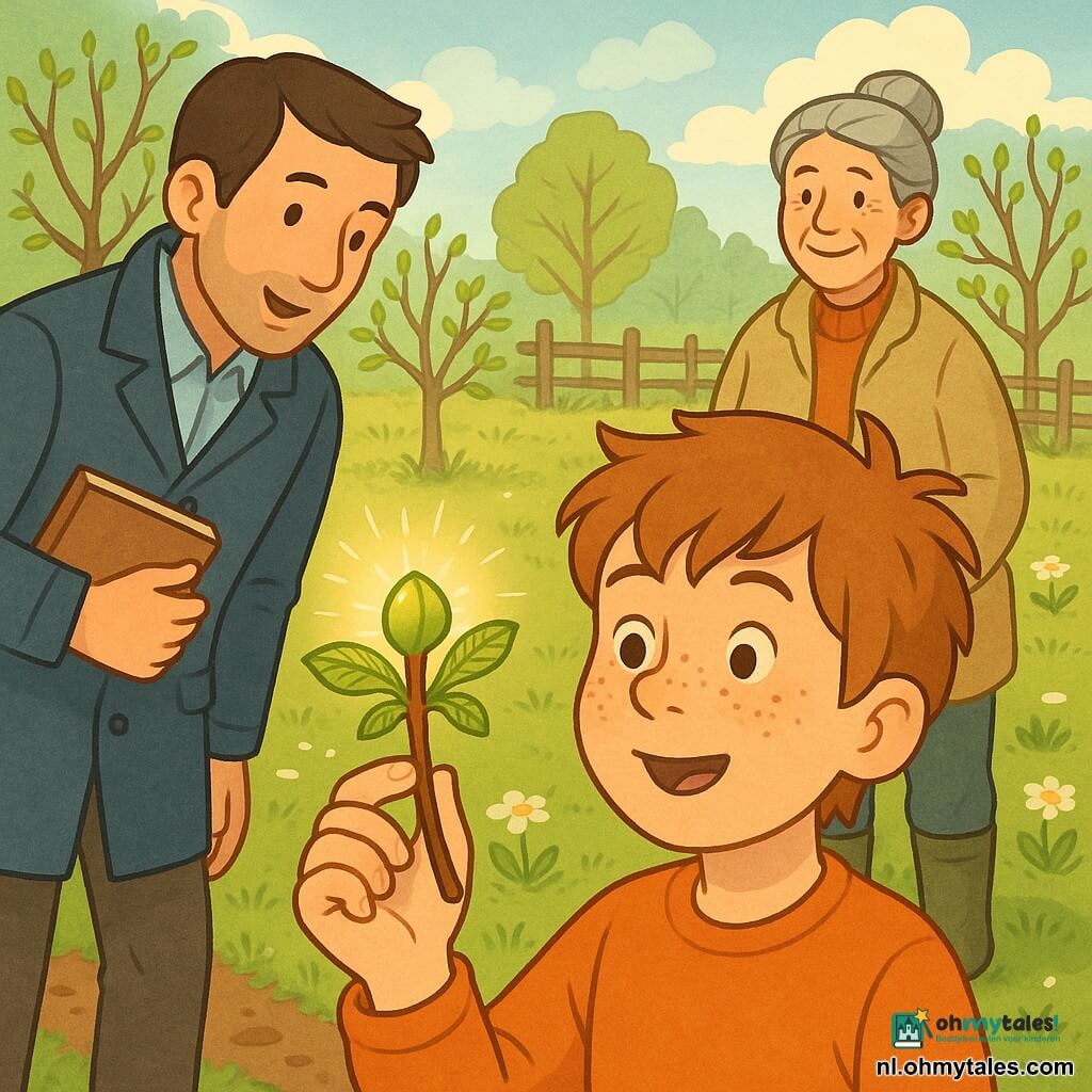 Een jongen van 10 jaar, rond gezicht, sproeten, lichtbruin warrig haar, verwonderde blik en zachte glimlach, houdt een takje met een glanzende groene knop tussen zijn vingers; achter hem staat boerin mevrouw Van Dijk (ongeveer 50), grijs haar in een knot, beige wollen jas en rubberlaarzen, glimlachend en vriendelijk kijkend; links een onderwijzer van circa 35 jaar in donkerblauwe jas met notitieboekje, licht naar de kinderen hellend alsof hij zacht uitlegt; locatie: kleine weide op de boerderij in de vroege lente, licht modderige grond, groen gras met witte madeliefjes, rijen appelbomen met knoppen, een oude houten afrastering en lichtblauwe hemel met pluizige wolken; situatie: de jongen bekijkt een bijna openspringende kastanjeknop die in het ochtendlicht glanst, rustige hartelijke sfeer, warme kleuren, eenvoudige vectorlijnen en zachte texturen geschikt voor een kinderboek.