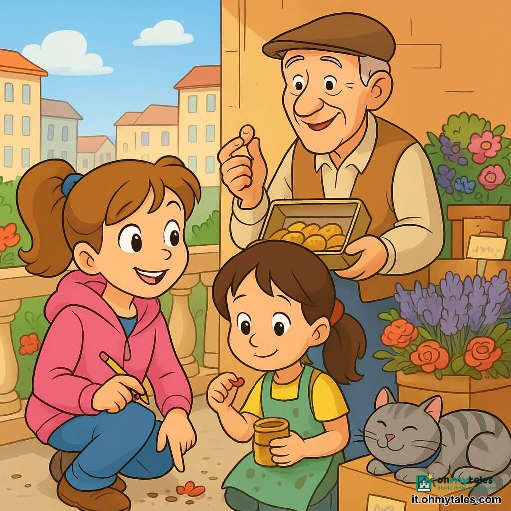 Bambina di 8 anni, sguardo curioso e sorridente, occhi grandi e maliziosi, capelli castano chiaro raccolti in coda, giacca rosa con cappuccio, tiene un piccolo blocco note blu e una matita, accucciata su un balcone fiorito indicando petali e tracce di terra; Lia, bambina timida e felice di 7–9 anni con capelli castani raccolti, grembiule verde sporco di terra, dietro la protagonista raccoglie petali e un vasetto di miele vuoto; uomo anziano di circa 70 anni, volto rugoso e sorridente, piccolo cappello e scatola di biscotti aperta, al mercato dietro le bambine appoggiato a una bancarella di fiori offre un biscotto; gatto Micio, piccolo e tondo dal pelo grigio striato con collare blu, sdraiato e che fa le fusa su una pila di scatole vicino al balcone con un'etichetta con farfalla; luogo: balcone urbano soleggiato su un cortile di palazzo, vasi di terra e fioriere colorate, mercato di fiori sullo sfondo con cesti di lavanda e rose con etichette scritte a mano; situazione: scoperta gioiosa in stile cartone anni '90 con indizi (granelli di terra, vasetto di miele vuoto, petali appiccicati, piccolo disegno sotto un vaso), atmosfera calda, collaborativa e colori vivaci.