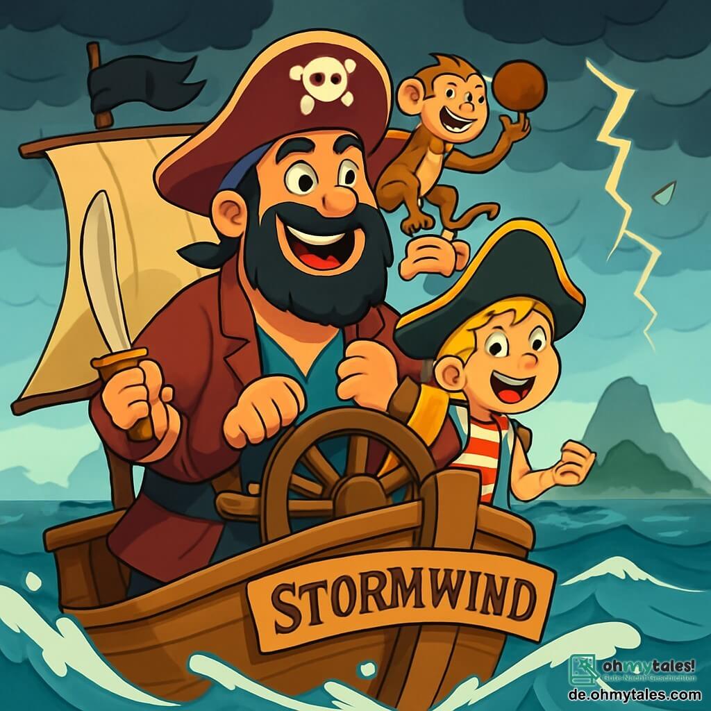 Ein herzlicher Pirat namens Finn steht stolz am Bug seines Schiffes, der Stormwind. Er hat einen großen, dichten schwarzen Bart, funkelnde Augen voller Entschlossenheit und ein breites Lächeln, das seinen Mut zeigt. Fest hält er das Steuer und blickt mit einer Mischung aus Aufregung und Abenteuerlust in die Ferne. Neben ihm steht das etwa 10-jährige Piratenmädchen Lotta mit langen, geflochtenen blonden Haaren und einem mit einer bunten Feder geschmückten Piratenhut. Sie schwingt ein Holzschwert und lacht begeistert, bereit, sich der Gefahr zu stellen. Ein schelmischer kleiner Affe namens Muck, etwa 5 Jahre alt, sitzt auf Finns Schulter, jongliert mit einer Kokosnuss und wirft schelmische Blicke. Das Schiff segelt über ein stürmisches Meer mit hohen Wellen und dunklen Wolken, die sich am Himmel zusammenballen. In der Ferne ist eine geheimnisvolle Insel zu sehen, umgeben von Nebel, wo ein legendärer Schatz verborgen ist. Die Hauptsituation zeigt Finn und seine Freunde, die sich darauf vorbereiten, einem bedrohlichen Sturm zu begegnen, während Blitze den Himmel erhellen und der Wind ihre Gesichter peitscht, während sie mutig ins Unbekannte steuern.