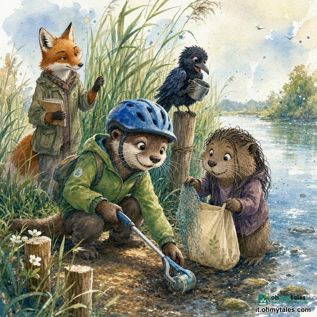 Timo, una lontra giovane e sorridente con baffi lucenti e occhi maliziosi, in giubbotto verde e casco da bici blu è accucciato a raccogliere una lattina con una pinza, espressione attenta e benevola; Nina, una nutria timida ma decisa con ciocche di pelo bagnato, porta una borsa riutilizzabile beige, sorride e aiuta tendendo un pezzo di rete plastica verso la borsa, in piedi alla sua destra; un corvo giovane dal piumaggio nero-blu lucido è appollaiato su un paletto dietro di loro tenendo una scatoletta metallica, curioso e contento; Livia, una volpe rossa elegante con un taccuino, osserva incoraggiante appoggiando una zampa su una canna sullo sfondo a sinistra; sullo sfondo la lisière di una canneto lungo un fiume calmo con riflessi argentati, canne verdi ondeggianti, fango punteggiato di piccoli fiori bianchi, sassi muschiati e un sentiero di terra ocra con tronchi tagliati; situazione: raccolta collettiva e gentile di rifiuti lungo il fiume — gesti calmi, complicità, oggetti recuperati (lattina, rete, tappi) nel sacco di stoffa, atmosfera di aiuto reciproco e rispetto per la natura, palette luminosa e soffice con texture ad acquerello e piccole spruzzate per vivacizzare cielo e acqua.