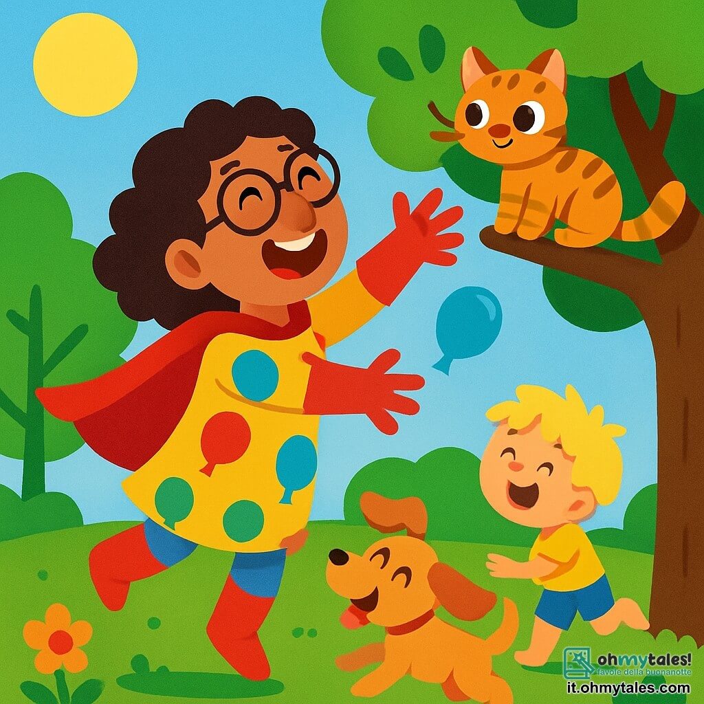 Tina, una supereroina gioiosa, è una donna con capelli ricci e occhiali rotondi. Indossa un costume colorato con motivi di palloncini e ride mentre cerca di afferrare un gattino su un albero. Il gattino, un piccolo animale dagli occhi brillanti e pelo tigrato, è appollaiato su un ramo, guardando Tina con curiosità. In un angolo, un cane birichino e un bambino di 5 anni con capelli biondi arruffati corre dietro alla propria coda, con le orecchie che fluttuano nell'aria. Il luogo è un parco soleggiato, con alberi verdi, fiori colorati e un cielo blu splendente. La scena principale mostra Tina con le braccia tese verso il gattino, mentre i palloncini del suo costume volano intorno a lei, creando un'immagine divertente e piena di vita.
