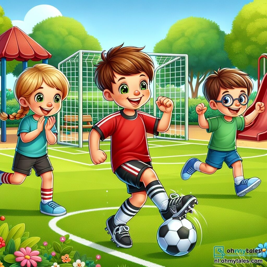 Drie kinderen zijn aanwezig: Max, een 10-jarig jongen met rommelig bruin haar, in een rood voetbalshirt en zwarte shorts, die vrolijk een voetbal dribbelt; Lisa, een 9-jarig meisje met gevlochten blond haar, in een blauwe t-shirt en een roze rok, die Max aanmoedigt met een grote glimlach; en Tom, een 10-jarig jongen met een bril en kastanjebruin haar, in een groene t-shirt en blauwe shorts, die applaudisseert naast Lisa. Ze bevinden zich op een mooie zonnige speeltuin, omringd door groene bomen en kleurrijke bloemen, met een goed onderhouden grasvoetbalveld. Op de achtergrond zijn er een glijbaan en schommels te zien, wat een vrolijke touch aan de omgeving toevoegt. De hoofdscène toont Max die vastberaden op doel schiet, terwijl Lisa en Tom enthousiast aanmoedigen, wat een sfeer van kameraadschap en plezier rondom de sport creëert.