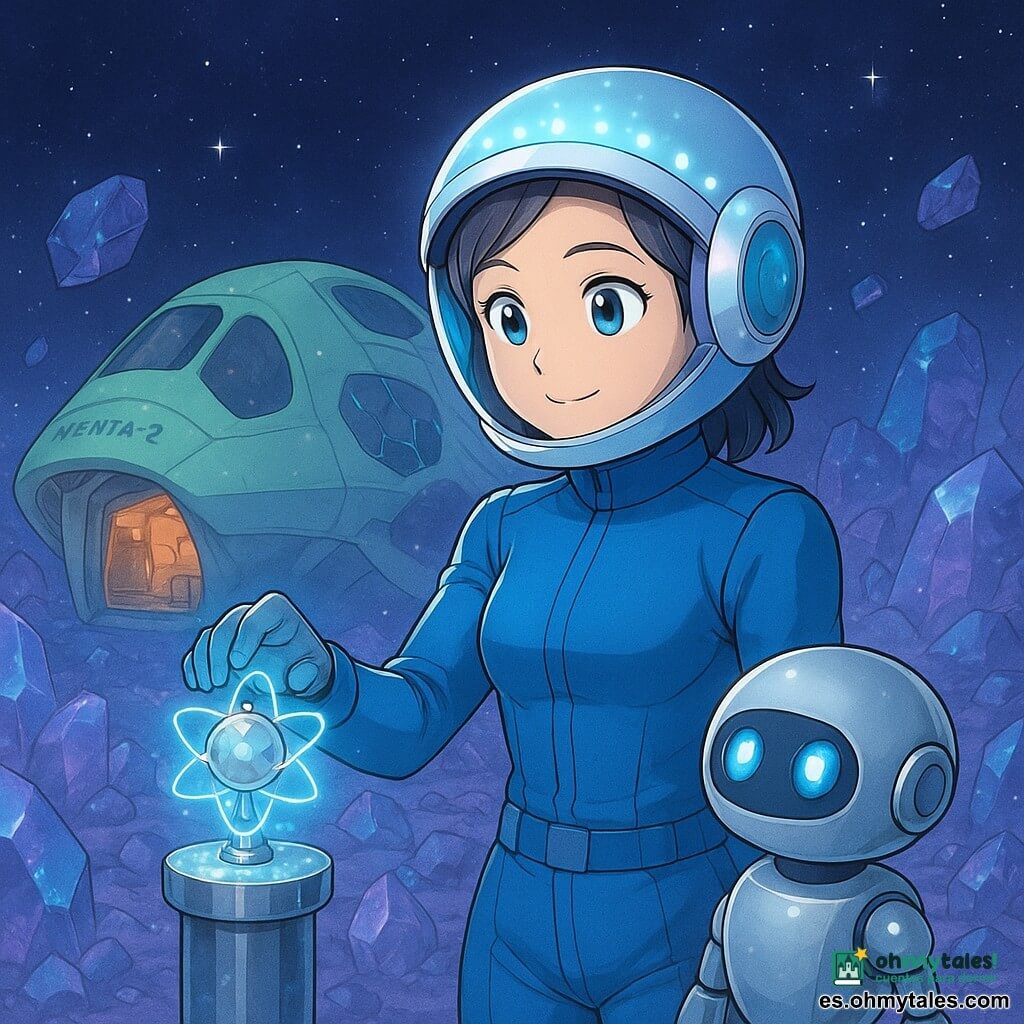 Una mujer piloto, Nerea, de rostro redondo, ojos claros y sonrisa suave, aparece concentrada y serena; lleva casco con diminutas LEDs y uniforme azul ceñido y coloca una pequeña hora atómica plateada que emite un halo frío. Un pequeño robot estacionario llamado Rilo, cuerpo metálico pulido y único ojo azul luminoso, gira cerca de un puesto sobre un pedestal cristalino a su derecha y la mira con expresión amistosa. Al fondo está atracada la lanzadera verde pálido Menta-2, superficie lisa con paneles solares hexagonales, puerta abierta y luces interiores cálidas. El decorado es un campo de asteroides cristalinos con fragmentos translúcidos y facetas violeta y azul, ligera bruma violeta y estrellas plateadas. Nerea instala la última hora en la cima de un pilar metálico brillante; una onda de luz azul atraviesa los asteroides y todas las pequeñas pantallas se encienden al mismo tiempo, escena calma y luminosa de ayuda mutua y descubrimiento.
