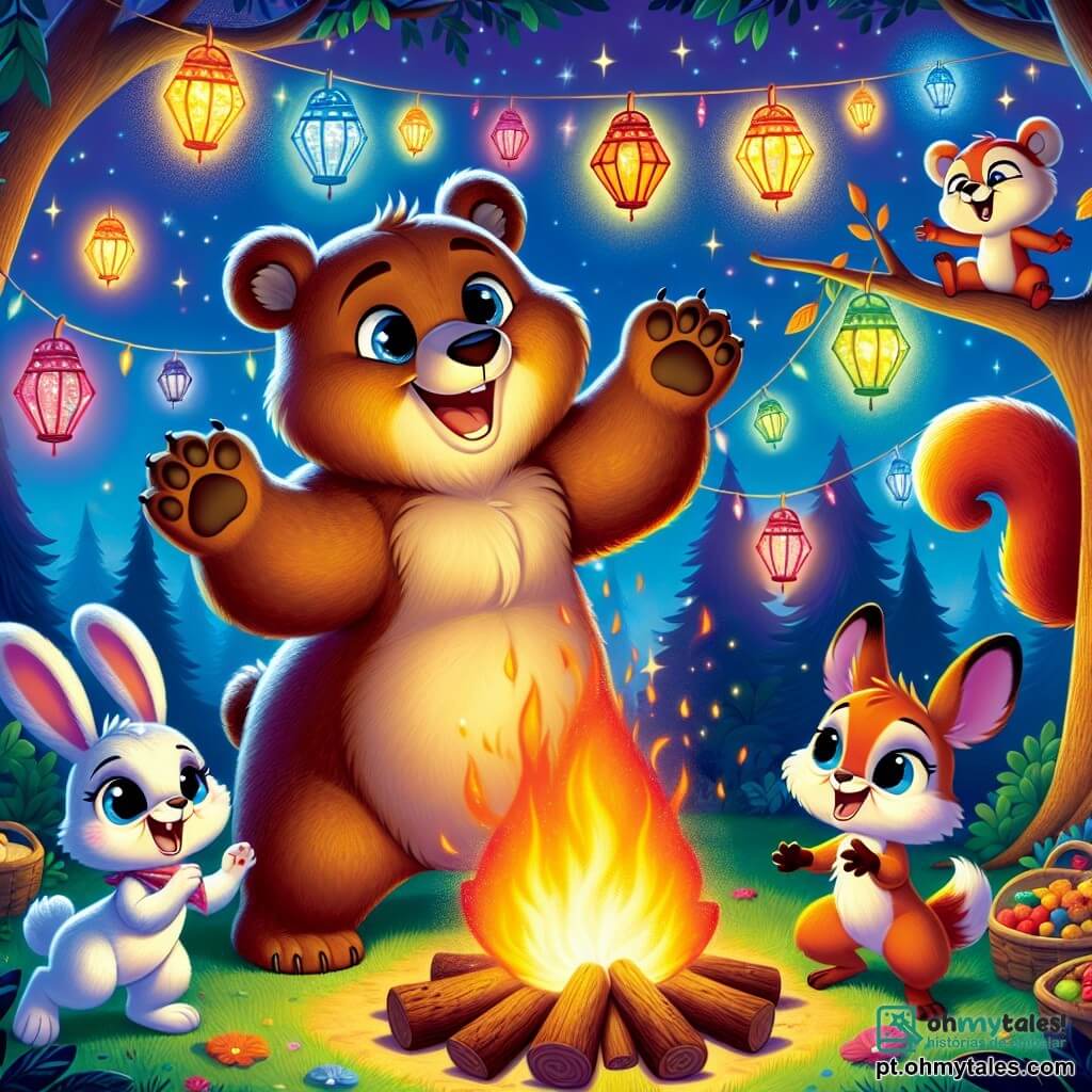 Bruno, um urso pardo de tamanho médio com olhos brilhantes de curiosidade e um largo sorriso, dança alegremente ao redor de uma grande fogueira iluminada, com as patas levantadas no ar, cercado por lanternas coloridas que brilham na noite. Lili, uma pequena coelhinha de grandes orelhas e pelagem branca, está ao lado dele, pulando com entusiasmo, seus olhos brilhando de alegria enquanto segura uma pequena lanterna com as patas. Zeca, um esquilo de pelagem ruiva, sobe em um galho de árvore, rindo e incentivando seus amigos a dançar, seu rosto radiante de emoção. A cena acontece em uma clareira encantada da Floresta das Melodias, onde árvores majestosas cercam o grupo, suas folhas brilhando sob a luz das estrelas. Lanternas coloridas estão penduradas nos galhos, e uma mesa está posta com frutas e bolos, adicionando um toque festivo à atmosfera. Bruno e seus amigos celebram a festa de Ano Novo, dançando ao redor da grande fogueira, compartilhando risos e histórias, cheios de esperança e alegria para o ano que vem.