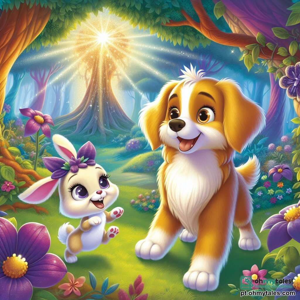 Um cachorro alegre chamado Max, com um pelo dourado brilhante e olhos cheios de curiosidade, está no centro da cena, com um olhar maravilhado e um sorriso no rosto, pronto para explorar um mundo mágico. Ao seu lado, uma pequena flor roxa chamada Lila, com pétalas dançantes e um rosto sorridente, parece incentivá-lo, enquanto um coelhinho travesso chamado Pip, com grandes orelhas e pelo branco, salta alegremente ao redor deles, adicionando dinamismo à imagem. O cenário é um magnífico bosque encantado, cheio de árvores com troncos coloridos, flores falantes e uma luz suave filtrando através das folhas, criando uma atmosfera mágica. No fundo, uma grande e majestosa árvore brilha, simbolizando o coração do bosque, cercada por criaturas mágicas. A situação principal mostra Max, Lila e Pip se preparando para entrar em uma aventura emocionante, enquanto descobrem o segredo do bosque, com expressões de excitação e determinação em seus rostos.