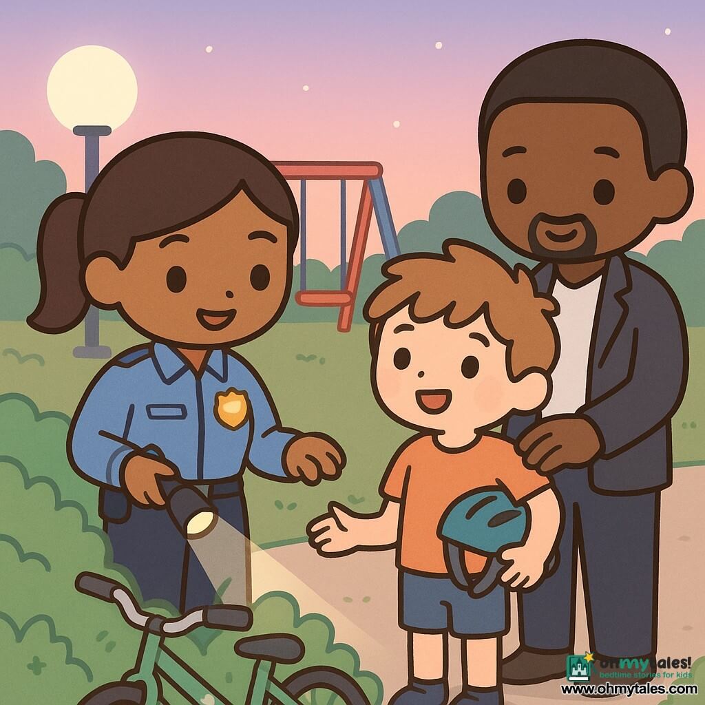 A smiling, serene policewoman with brown ponytail in a clean blue uniform and shiny badge holds an open notebook in her left hand and a flashlight in her right, pointing to a green bicycle with silver handlebars and a dinosaur sticker hidden behind a bush; beside her stands Ben, about seven, messy light-brown hair and a bike helmet under his arm, relieved and grateful, while his father, about 35 in casual clothes, stands slightly behind to the right with a hand on Ben’s shoulder and a warm smile; dusk neighborhood park setting with a colorful swing, green bushes, paved path, round lamppost casting soft light and a pink-purple sky; tender, triumphant mood, pastel colors, simple lines and clean contours, slight rosiness on the officer’s cheeks.