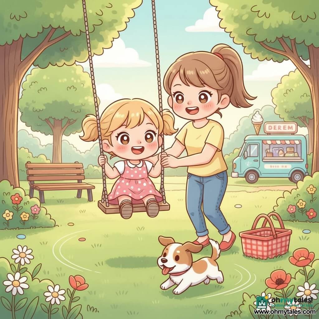 A joyful 2-year-old girl with rosy cheeks and short blonde pigtails in a pink polka-dot summer dress and sandals swings high with her legs in the air; her mother (about 30), light brown hair in a ponytail, smiling in a yellow T‑shirt and jeans, pushes the swing near a red-check picnic basket; a short brown-and-white dog runs nearby with its tongue out; sunny park with green grass, daisies and poppies, leafy trees, a wooden bench and a pastel blue ice cream truck in the background; warm golden light, soft shadows, pastel color palette, a safe cozy summer moment.